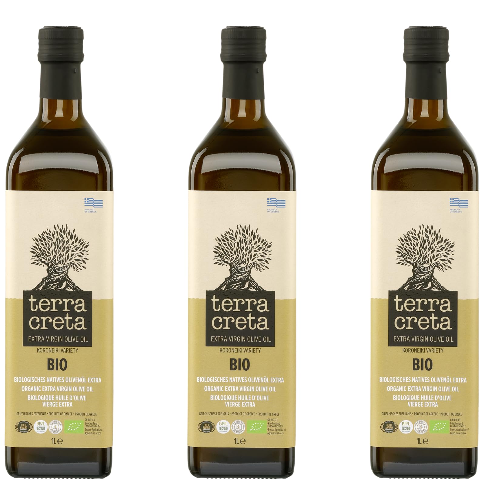 Terra Creta BIO Olivenöl 3x 1,0l | Extra natives Bio Olivenöl von Kreta| Kaltgepresst & naturbelassen | GR-BIO-03 zertifiziert | Niedriger Säuregehalt | + 20ml Jassas Olivenöl