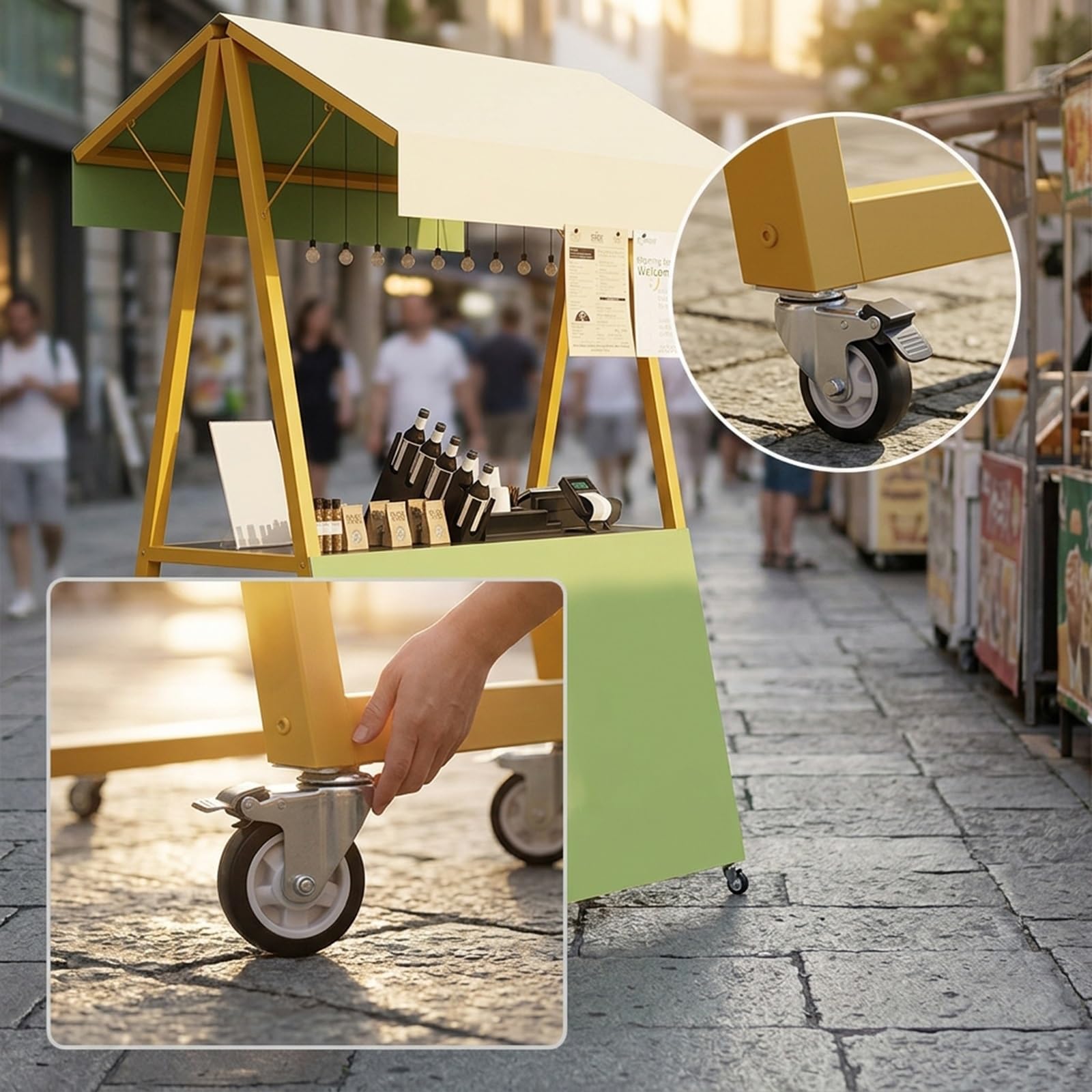 Carretto ambulante portatile con tettoia, Banco/Stand in ferro su ruote per mercati agricoli, Chiosco pieghevole la vendita di dolci – per mercati contadini e fiere dell'artigianato(Green)