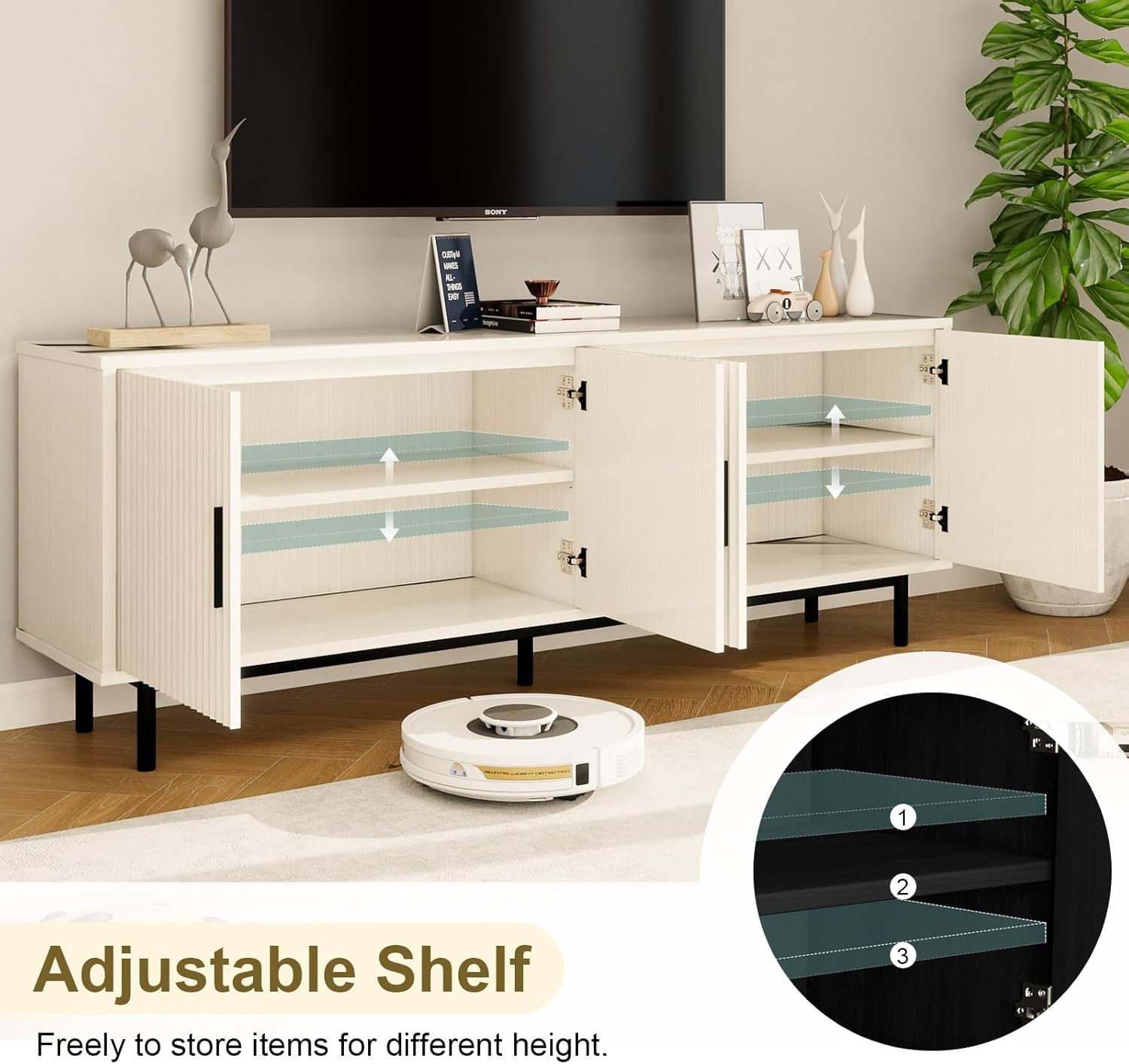 MUUEGM 70" Fluted tv Stand with Storage for Living Room, Entertainment Center Modern TV Stand for TV Up to 80 Inch, Television Media Console Table with Fluted Door and Adjustable Shelf, White