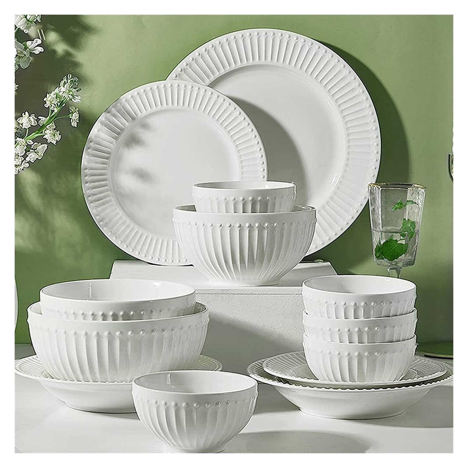 Abendessen Set für Familie Party Hotel Restaurant 19 Pcs Geschirr Sets Porzellan Geschirr Set mit Platten und Schüsseln Weiß Keramik Abendessen Set Mikrowelle，