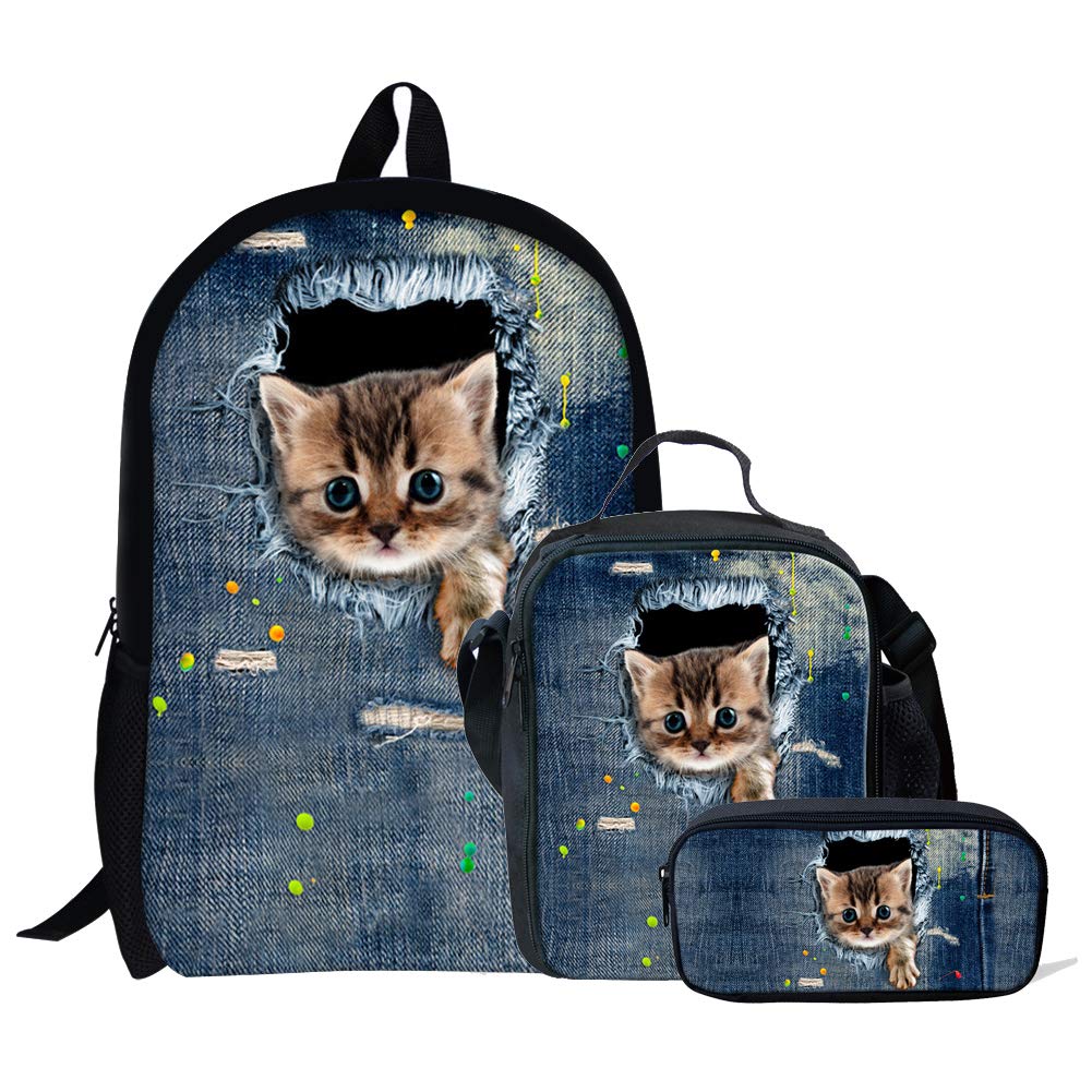 Chaqlin Nette Katze Mädchen Schultaschen Frühstückstaschen Polyester Reiserucksack Bleistiftbeutel 3tlg