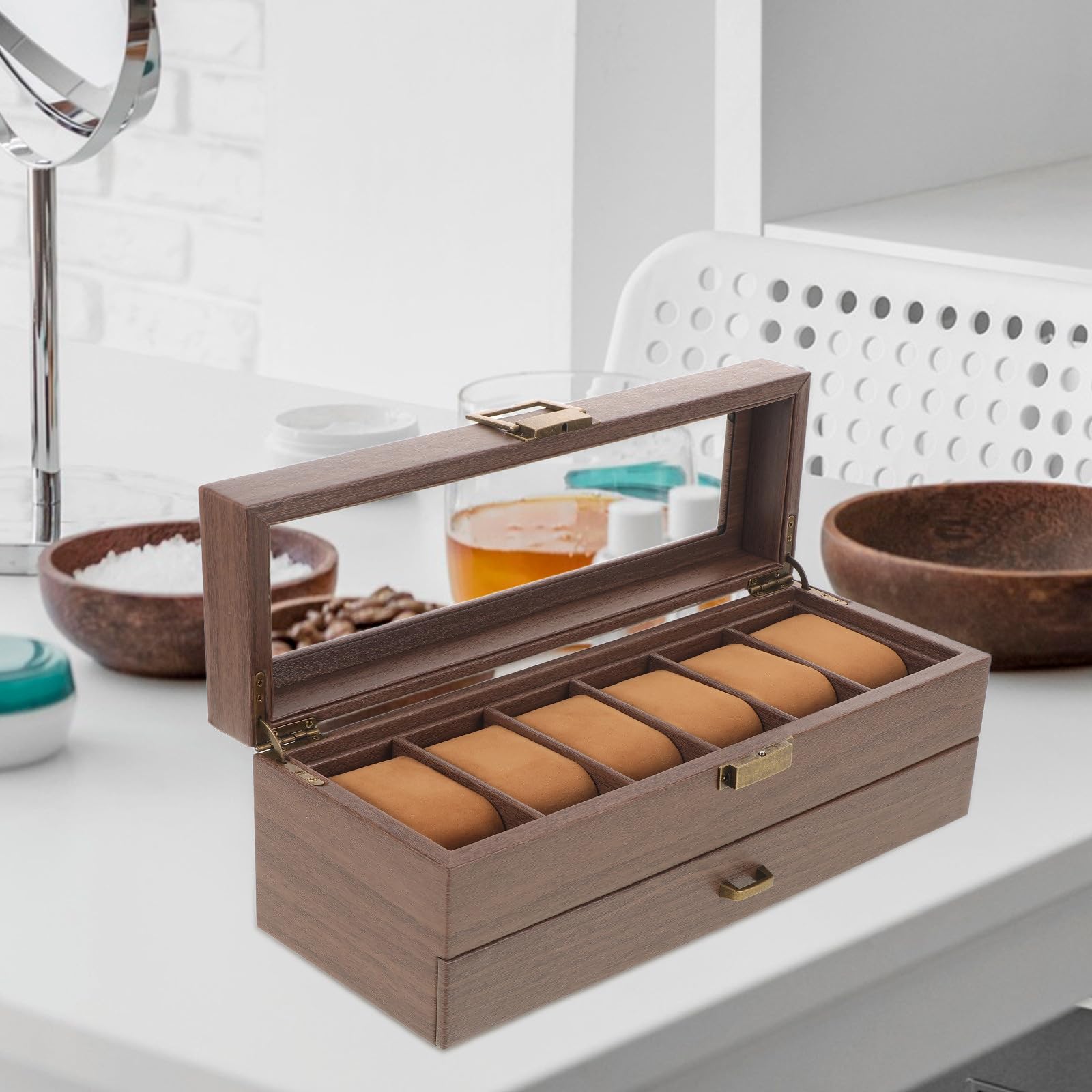 Boîte à Montres et Bijoux en Bois 6 Compartiments Doublés de Velours