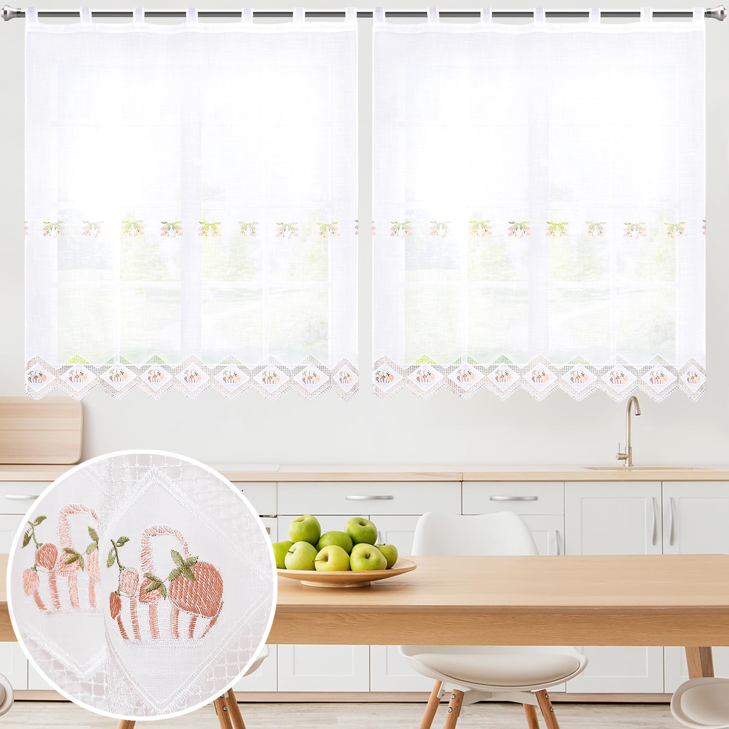 BOD HOME, 2 Piezas, Cortinas Translúcidas con Trabillas para Cocina, Color Blanco Fresas, Comedor, Cortina Media Altura, Poliéster, Diseños Bordados, Fácil Uso e Instalación. AnchoxAlto:150X100cm