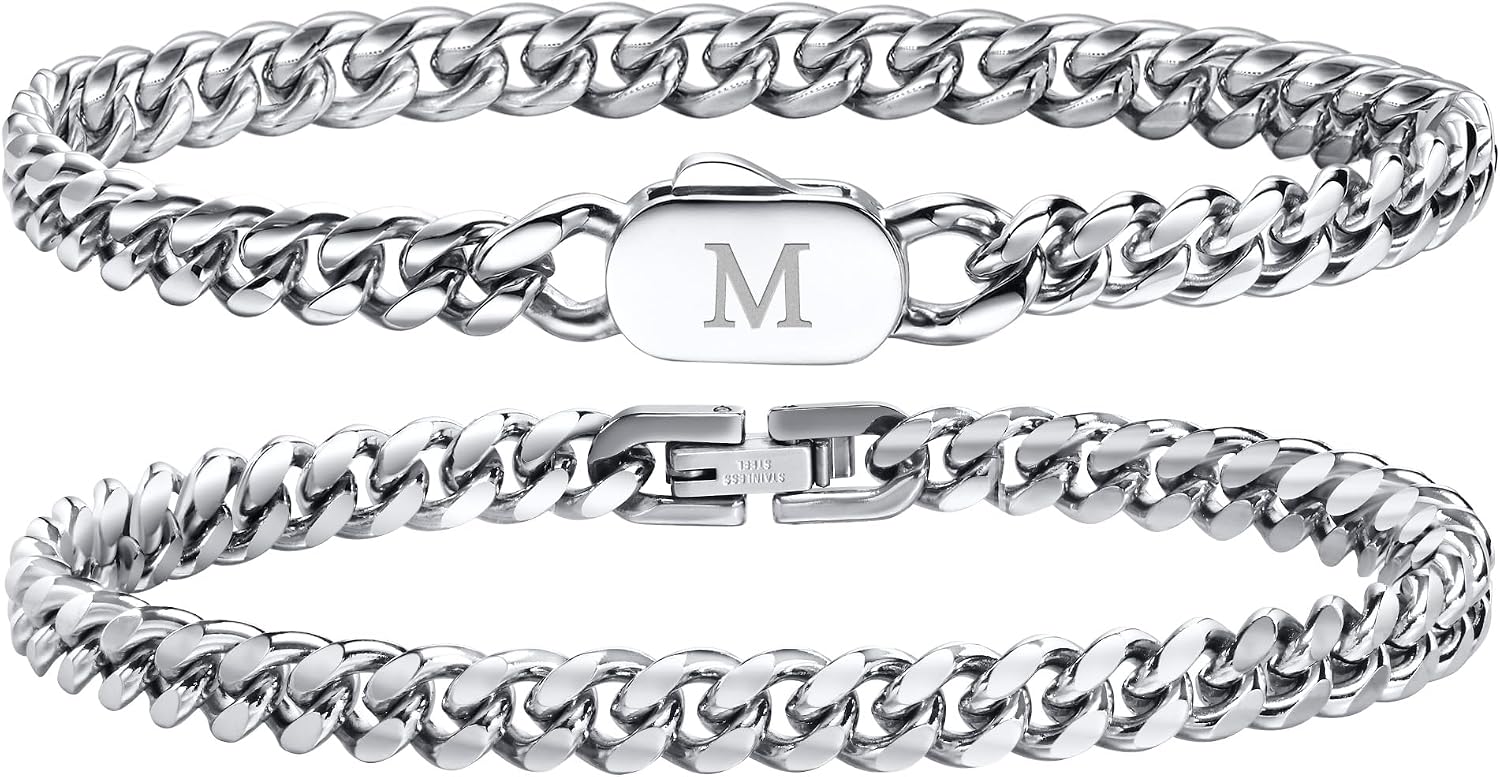 Hisatan Initial Bracelets for Men, 2 Pcs A-Z Letter Bracelet Silver Mens Bracelet with Initial, Stainless Steel Stylish Non Tarnish Cuban Link Bracelet for Men Jewelry Gifts