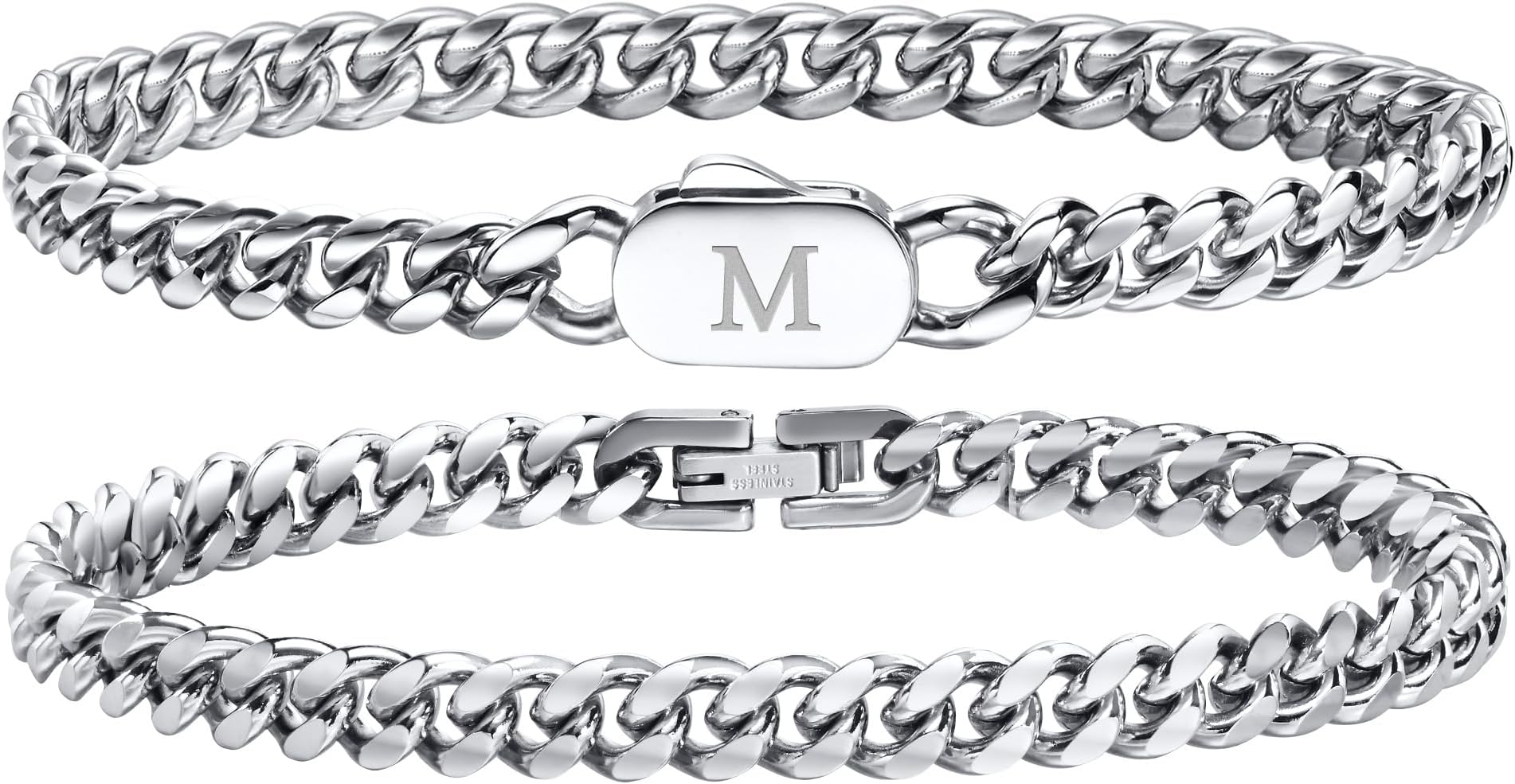 Hisatan Initial Bracelets for Men, 2 Pcs A-Z Letter Bracelet Silver Mens Bracelet with Initial, Stainless Steel Stylish Non Tarnish Cuban Link Bracelet for Men Jewelry Gifts