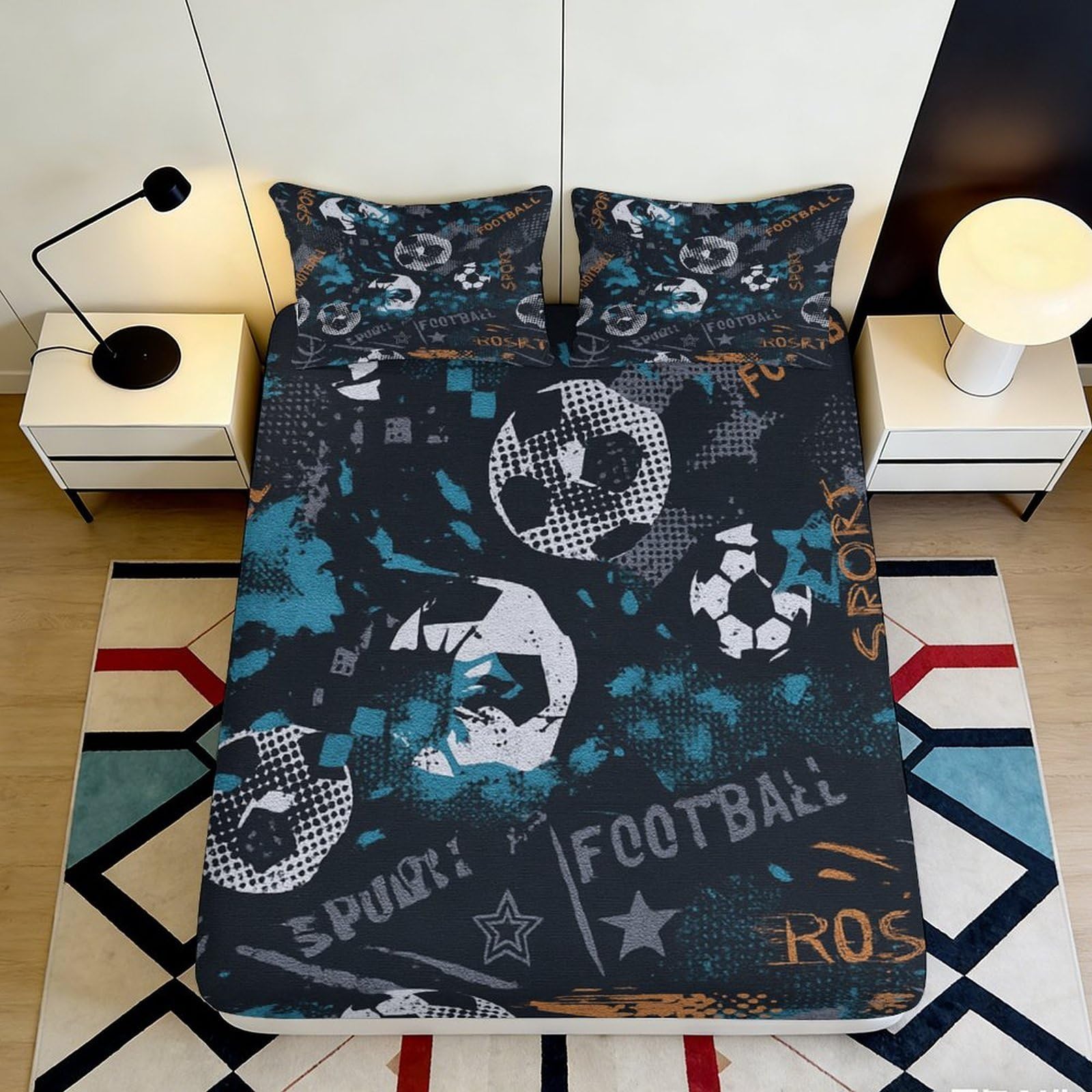 3D Printed Football Graffiti Fitted Sheet Microfiber Soft Breathable Soccer Mattress Cover for Bedroom Dorm Decor 200x200x25cm
