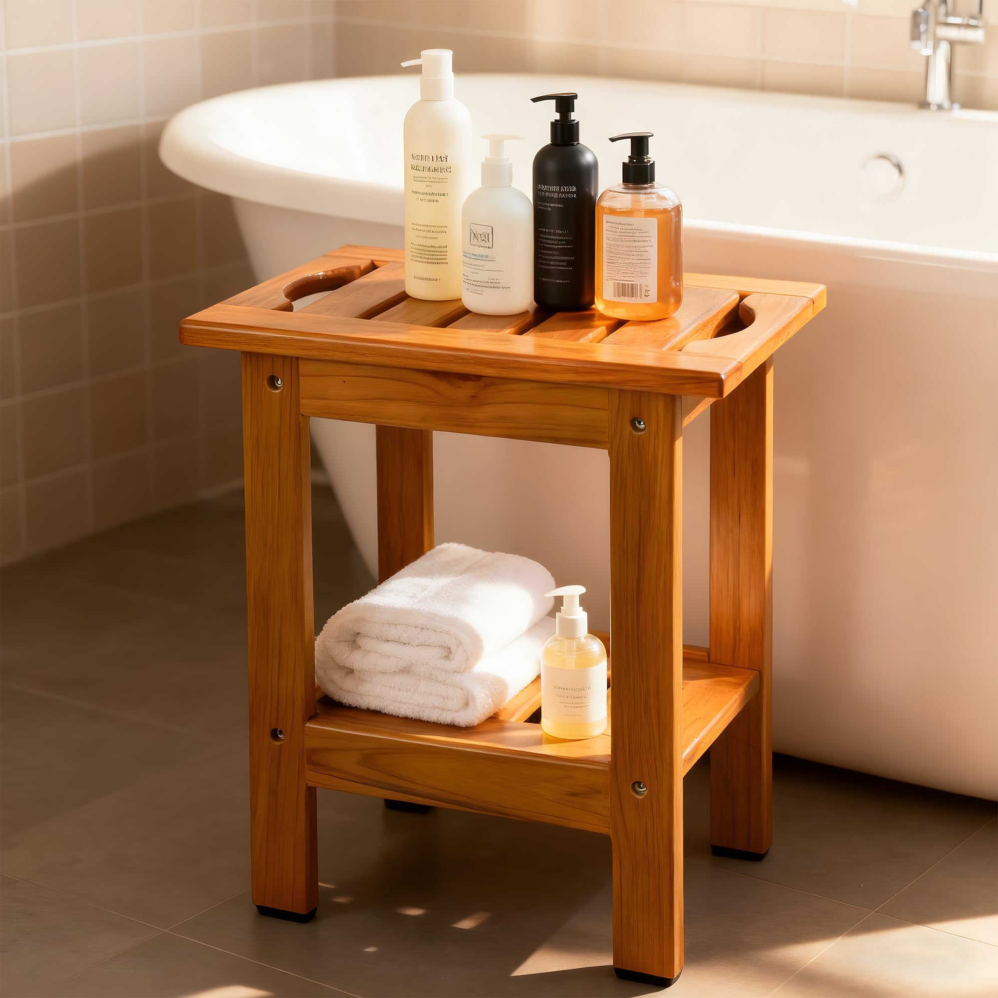 VaeFae Piccolo Sgabello Bagno in Teak per Doccia, Leggero Panca Bagno in Legno, Dotato di Ripiano Portaoggetti e Piedini Antiscivolo, Portatile per Bagno, Soggiorno, Camere da Letto, Balcone