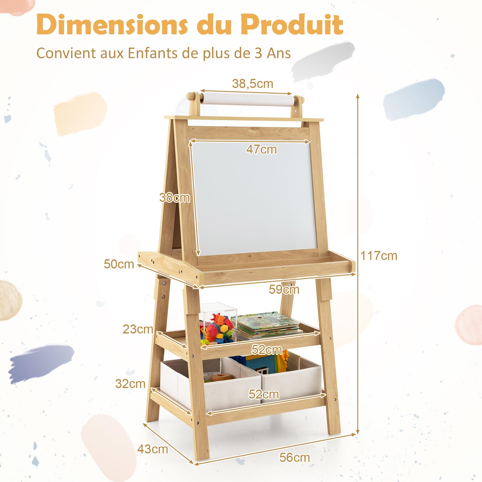 GOPLUS Caballete para niños de doble cara, Pizarra infantil de madera, Tabla de dibujo magnético con rollo de papel, cajas de almacenamiento, pintura multifunción accesorios completos (natural)