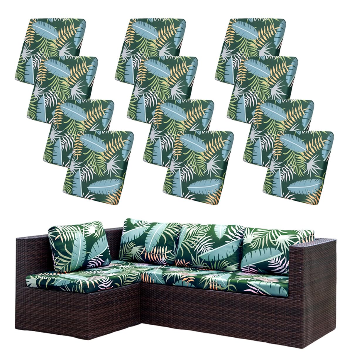 Hiseng Funda de Cojín Sofá Exterior Suave Elástica 3D Estampado de Hojas de Palma Repuesto Funda de Cojin de Asiento Patio Jardín Separados Lavable con Banda Elástica (Verde,12 Piezas)