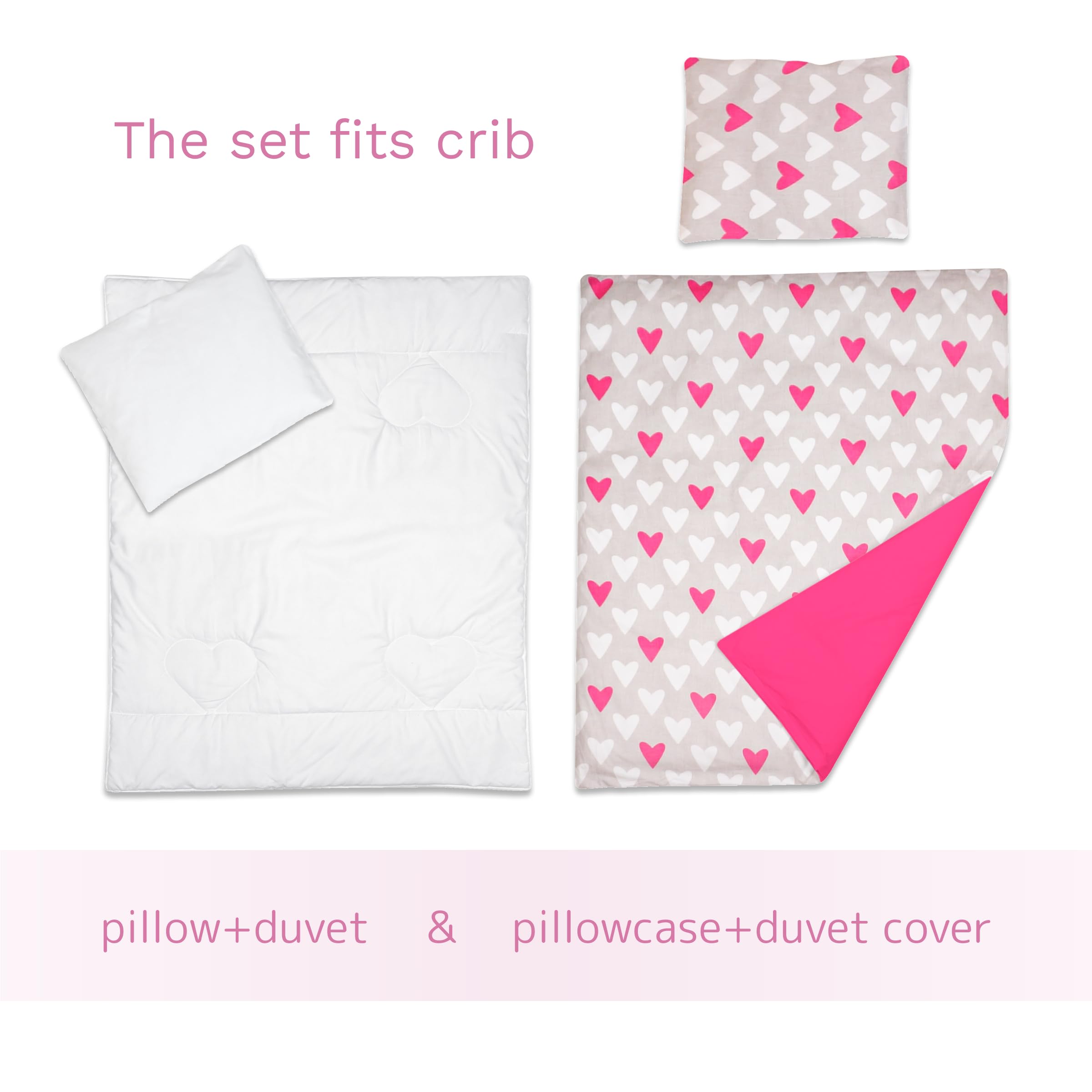Baby Comfort Set di biancheria da letto per letto o culla da viaggio, Lenzuolino Lettino, 4 pezzi, per letto o culla (cuori rosa) (12 mesi+)