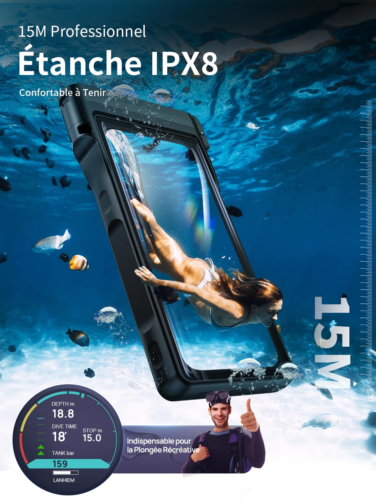 Lanhiem Pochette Étanche 15M [Universelle] Coque Téléphone IPX8 Plongée Professionnel Étui pour iPhone Samsung Galaxy Huawei XiaoMi RedMi Goole Pixel et Smartphone 4.7-6.9'' sous Marine Housse, Noir