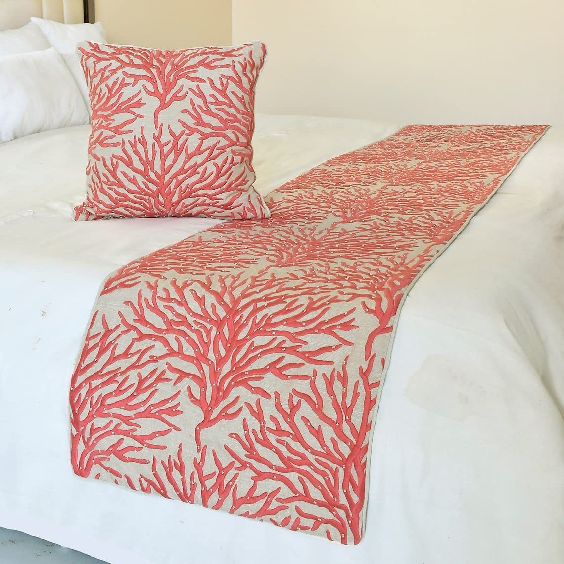 The HomeCentric King/Queen/Twin Coral, Peach & Pink Designer Twin 133x45 cm Bed Runner With 2 Cushion cover, Coral, Pearl Embroidery, Under the Sea & Beach Theme on Linen fabric - Coraline Pearls — image 1