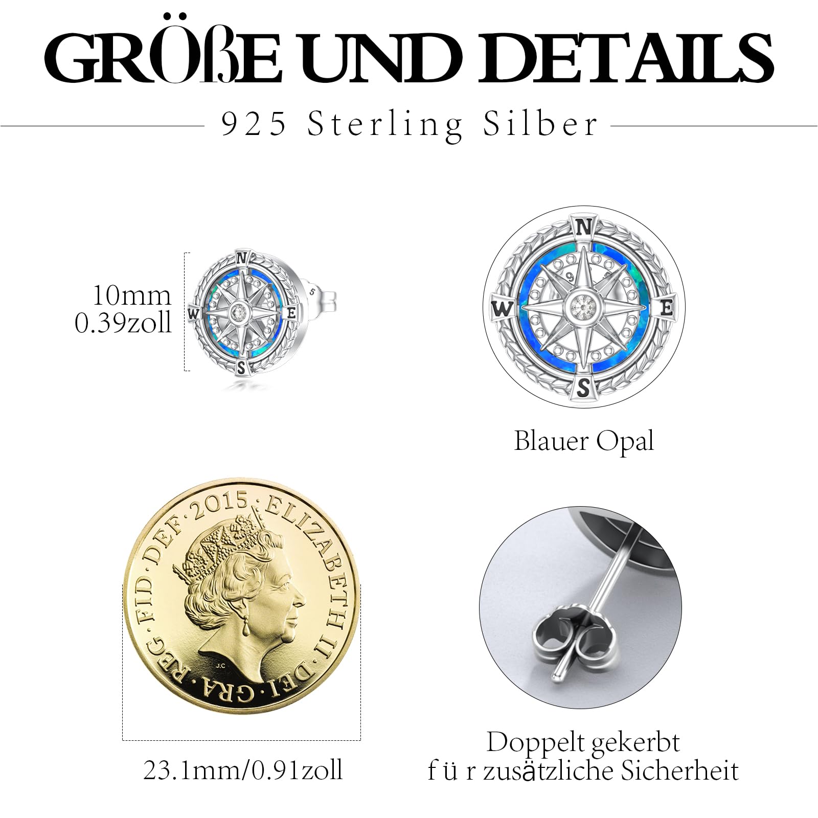 Kompass Ohrstecker 925 Sterling Silber Blauer Opal