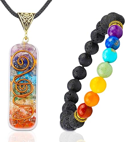 Crystal Vibe 7 Chakra Necklace and Bracelet Set for Women & Men - Spiritual Healing Pendant Necklace with Adjustable Cord - Stretchable chakra