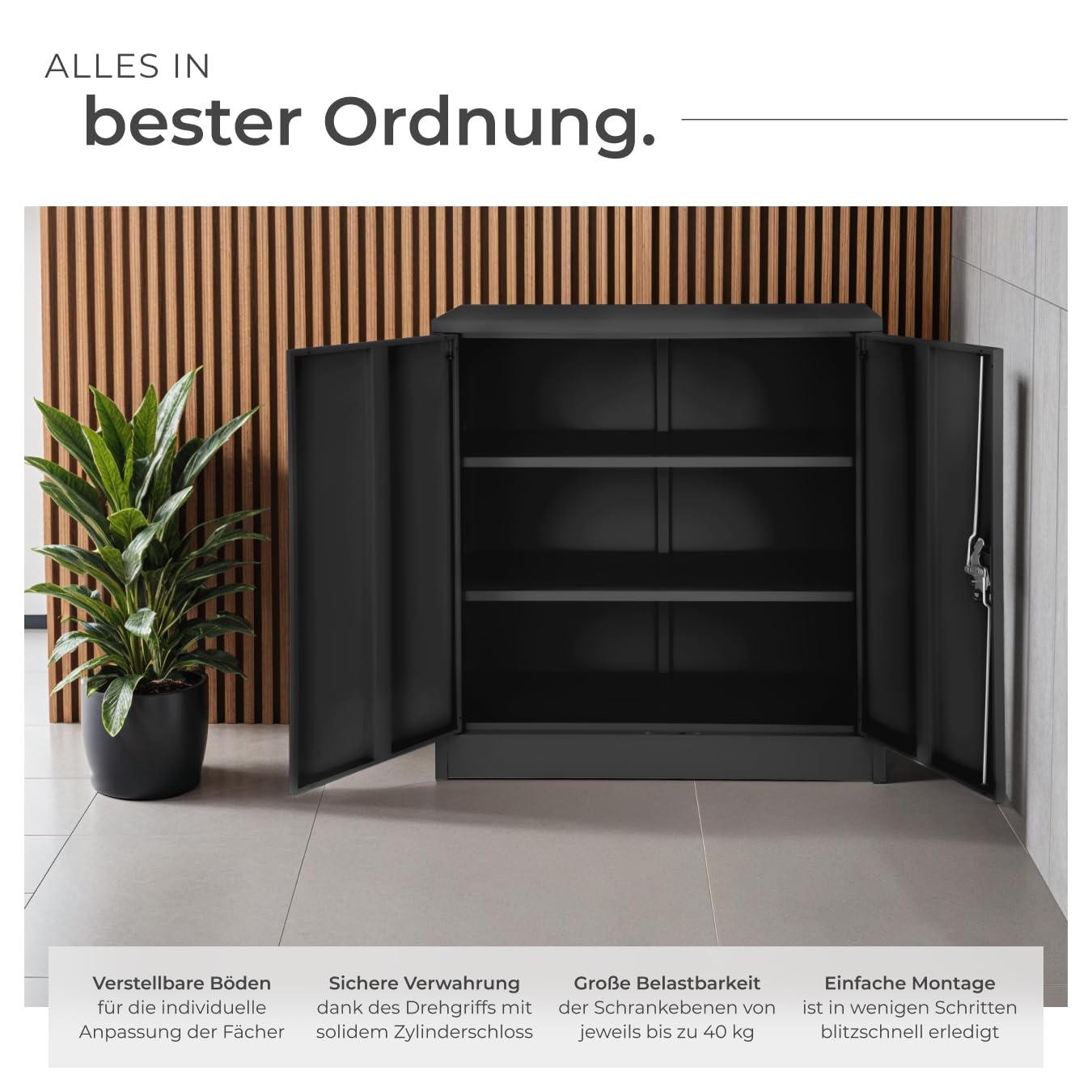 tectake® Aktenschrank abschließbar, Metallschrank mit Sicherheits-Zylinderschloss, Büroschrank abschließbar, Mehrzweckschrank aus Stahl, 3 höhenverstellbare Einlegeböden, 90 x 40 x 90 cm - schwarz