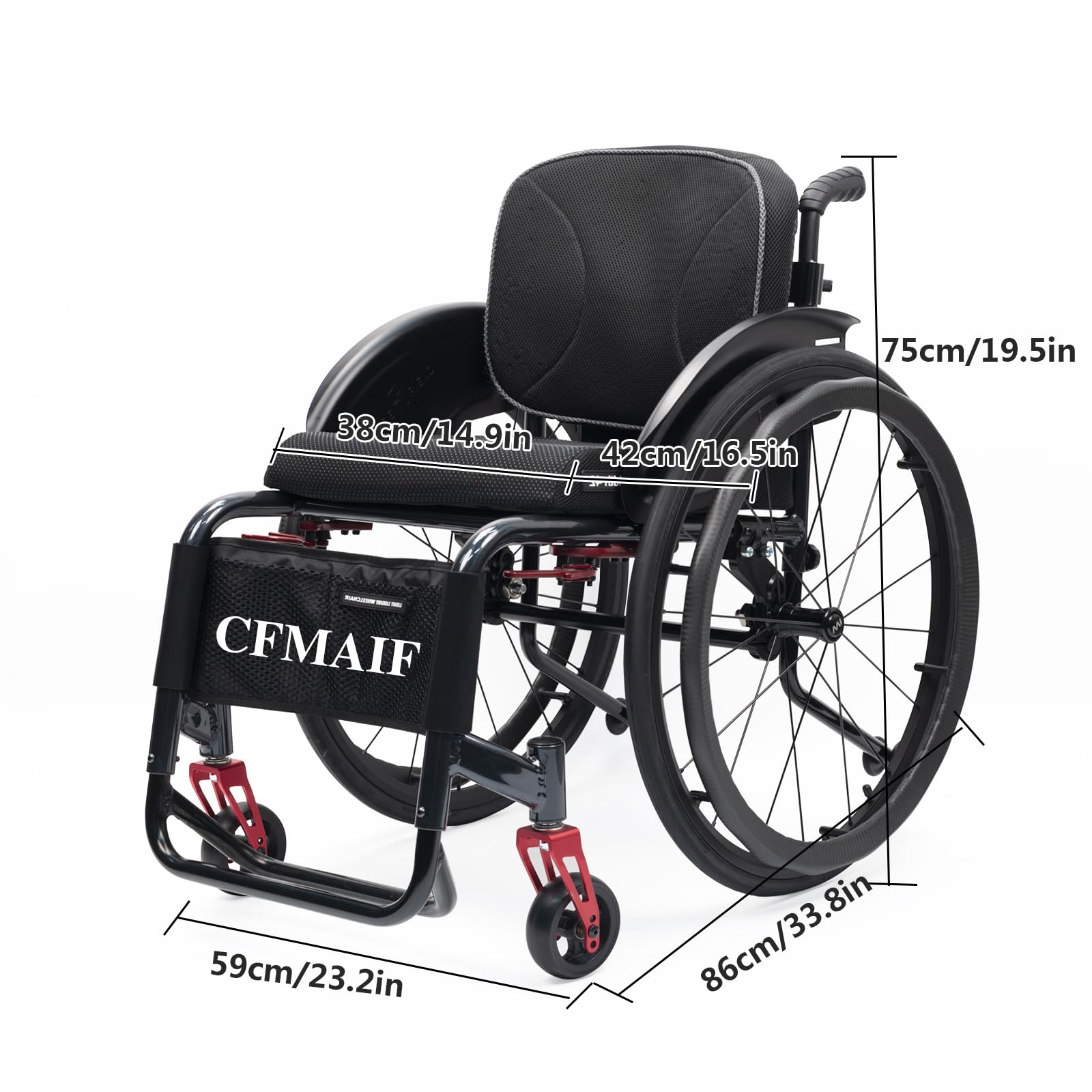 Silla Ruedas autopropulsada Ligera para Adultos, Silla de Ruedas para Deportes, Aluminio, de tránsito, Rueda de Mano de Fibra de Carbono(38cm/14.9in Seat,Sports)