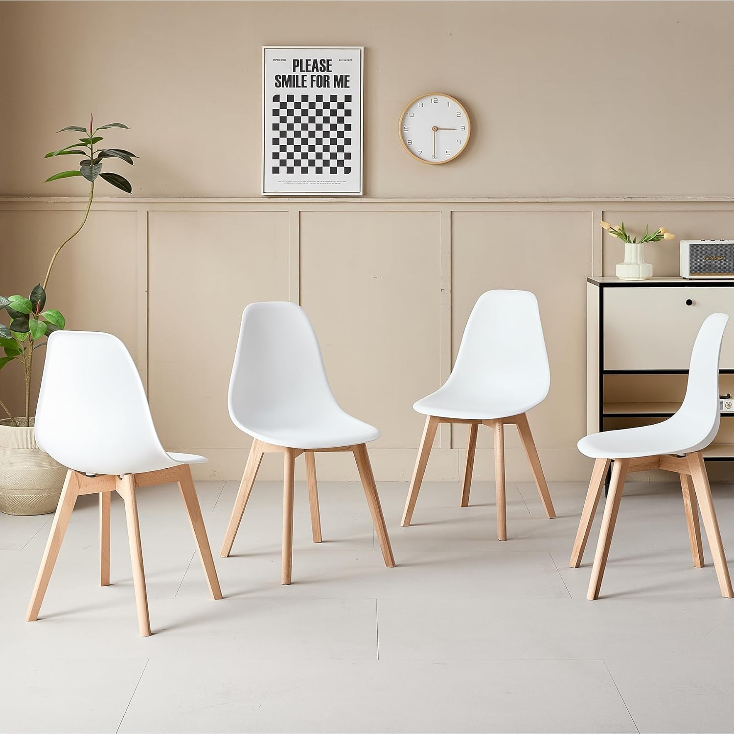 Mesa de Comedor con 4 Sillas - Mesa 110x70x74cm (Tablero de MDF + Patas de Haya) y Sillas de PP con Patas de Haya, Estilo Escandinavo (Blanco-CZ)