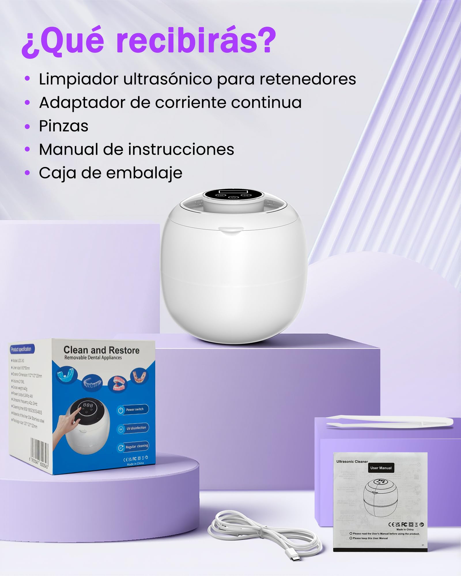 LONGYI 45KHz Limpiador Ultrasonidos Dental, Cápsula Dental de 210 ml con 6 Lámparas UV, Batería Incorporada, 4 Ajustes de Temporizador, Limpiador Ultrasónico para Dentaduras Postizas
