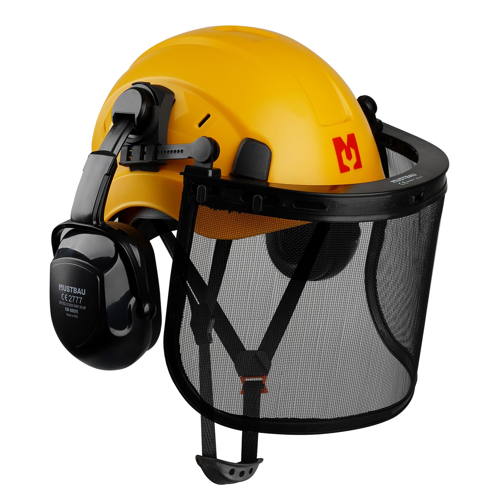 Mustbau Chainsaw Safety Helmet, Protective Helmet with Earmuffs and Mesh Visor, 53 to 63 cm Adjustable Headband Suitable for Forestry, Construction, Work