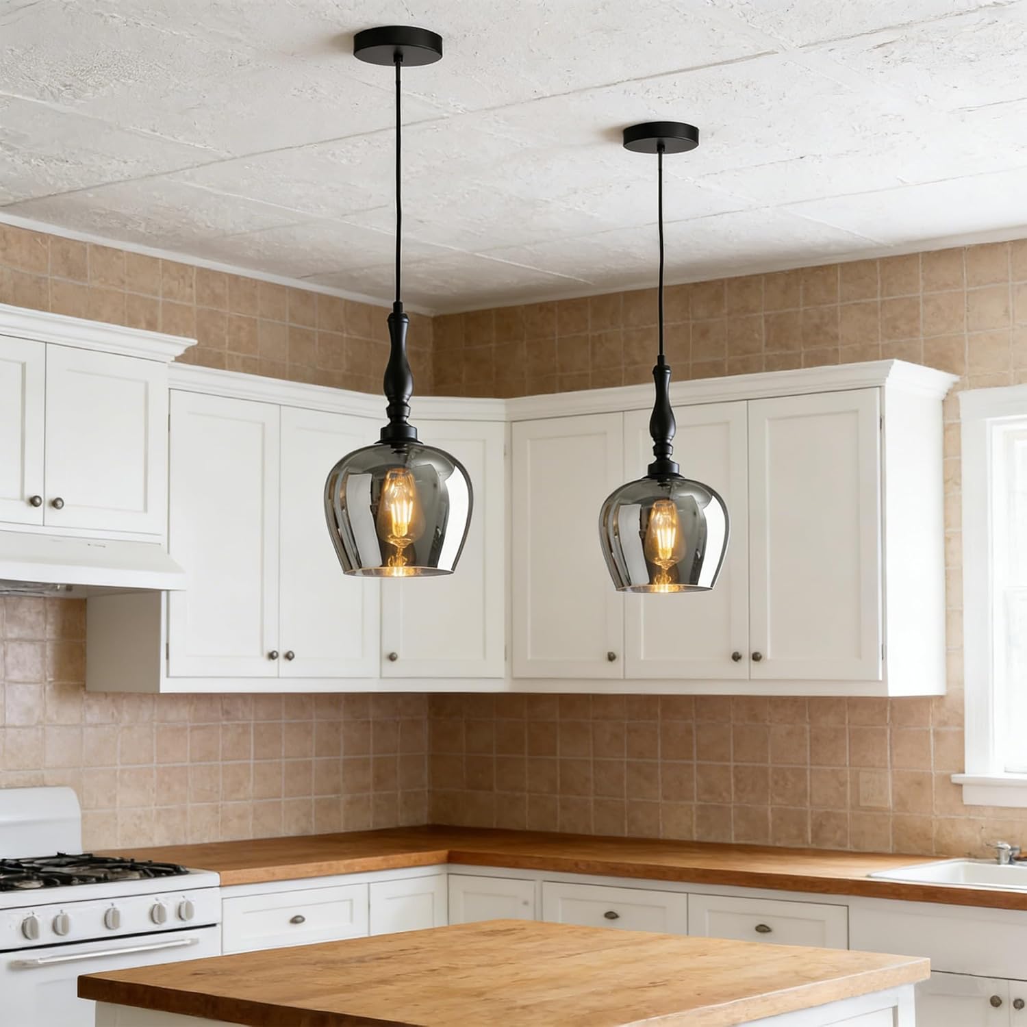 Modern Pendant Light Kitchen Island, Boho Chandelier, 7.87" Bell Shape Hanging Lamp Ceiling Lighting Fixture with Glass Lampshade (Smoke Grey)