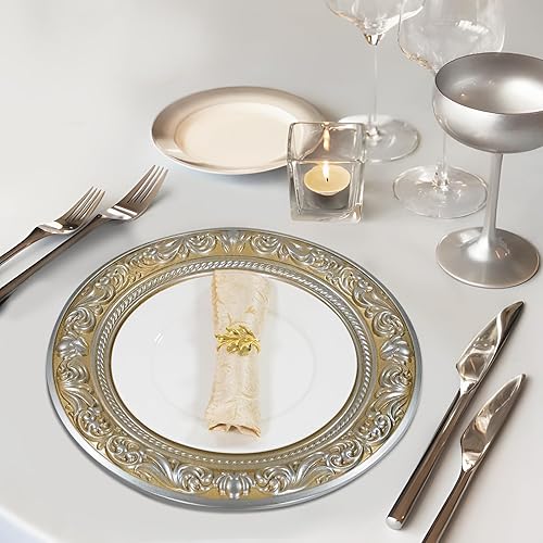 Miniatura 27 de MAONAME Platos de carga negros con borde dorado, cargadores redondos de platos antiguos para platos de cena, cargador de plástico de 13 pulgadas