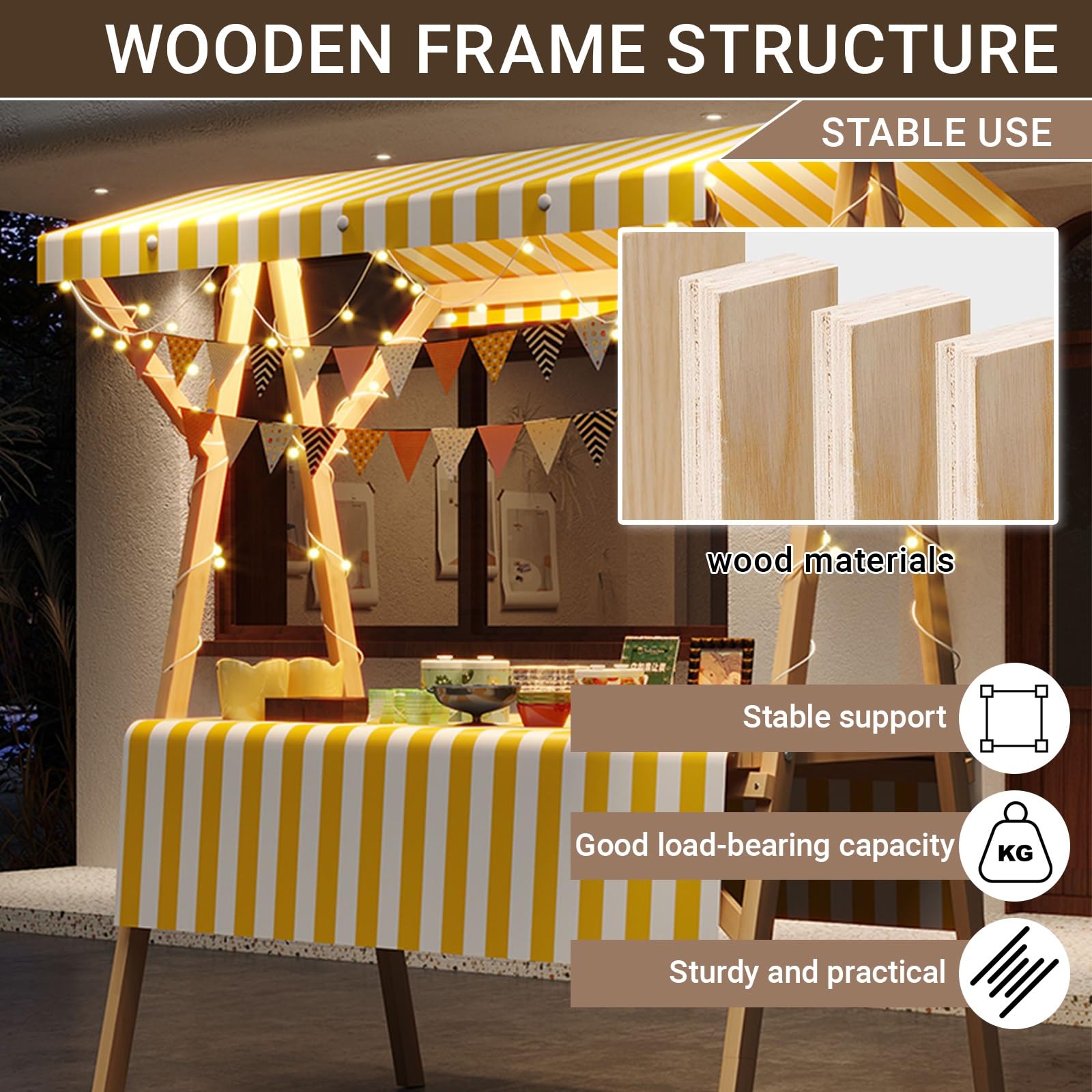 Carrito de madera portátil con toldo, cabina de venta de alimentos plegable al aire libre, carrito de empuje, mesa de exhibición para vender aperitivos y bebidas