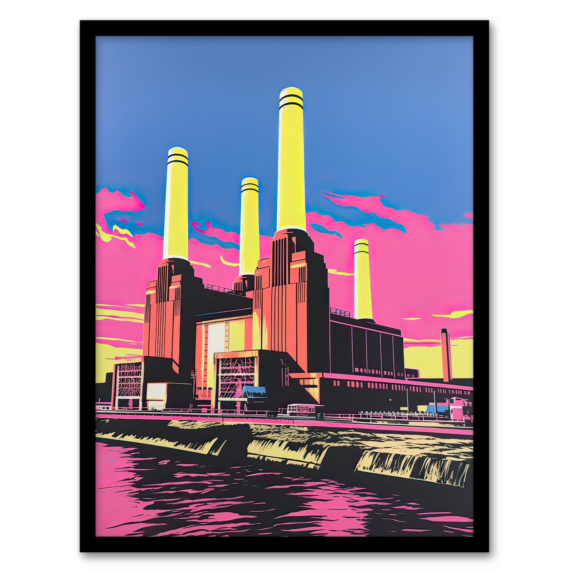 Artery8 Battersea Power Station Pop Art Artwork Vibrant Pink Yellow Blue River Thames London Landmark Artwork Framed Wall Art Print 18X24 Inch