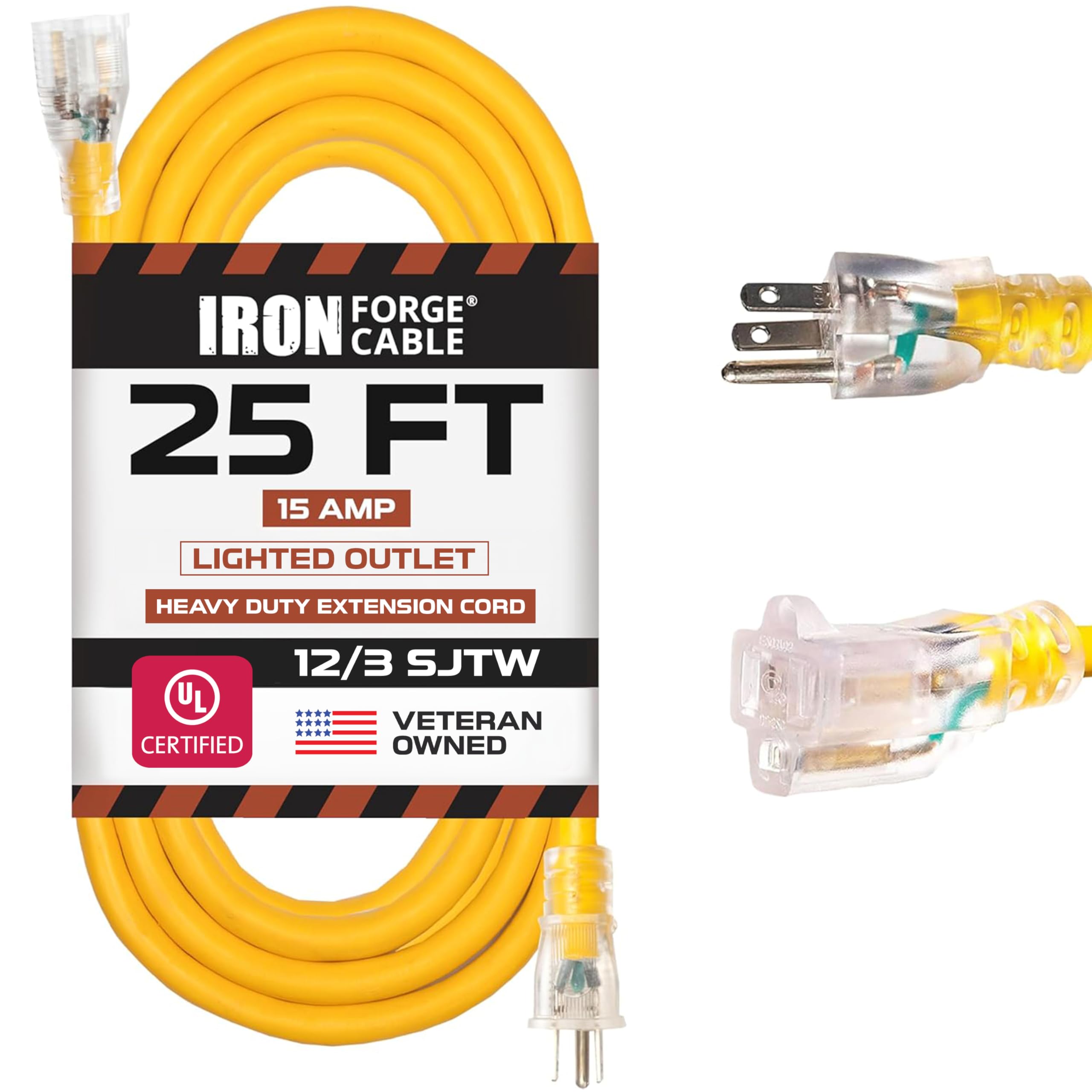 IRON FORGE CABLE 25 ft Lighted Outdoor Extension Cord - 12/3 SJTW Heavy Duty Yellow Extension Cable Extension Cable with 3 Prong Grounded Plug for Safety, 15AMP -Great for Garden and Major Appliances