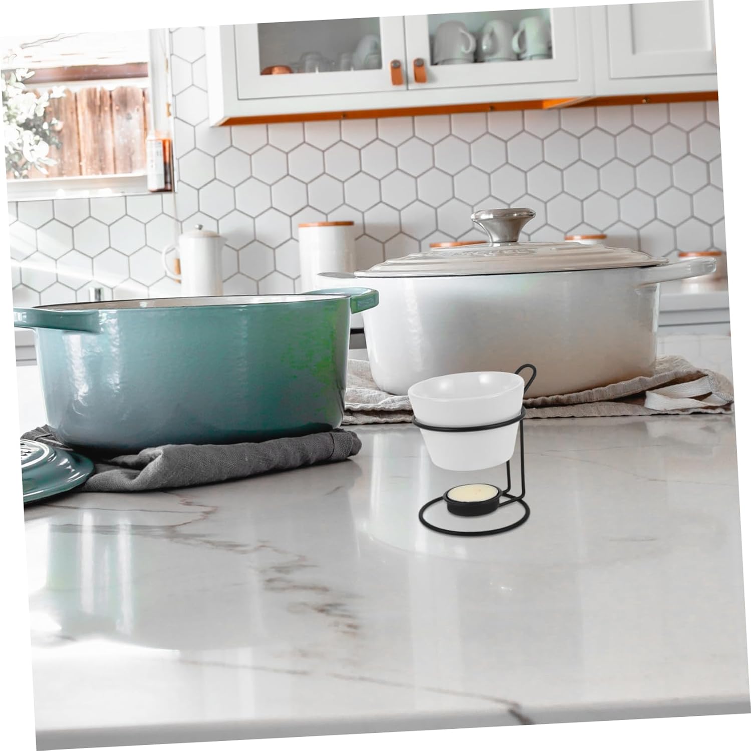 Cabilock 2Sets Ceramic Fondue Set Melting Pot for Chocolate Cheese Lightweight Butter Warmer with Rack Versatile Tabletop Use Efficient Heating for Parties Gatherings