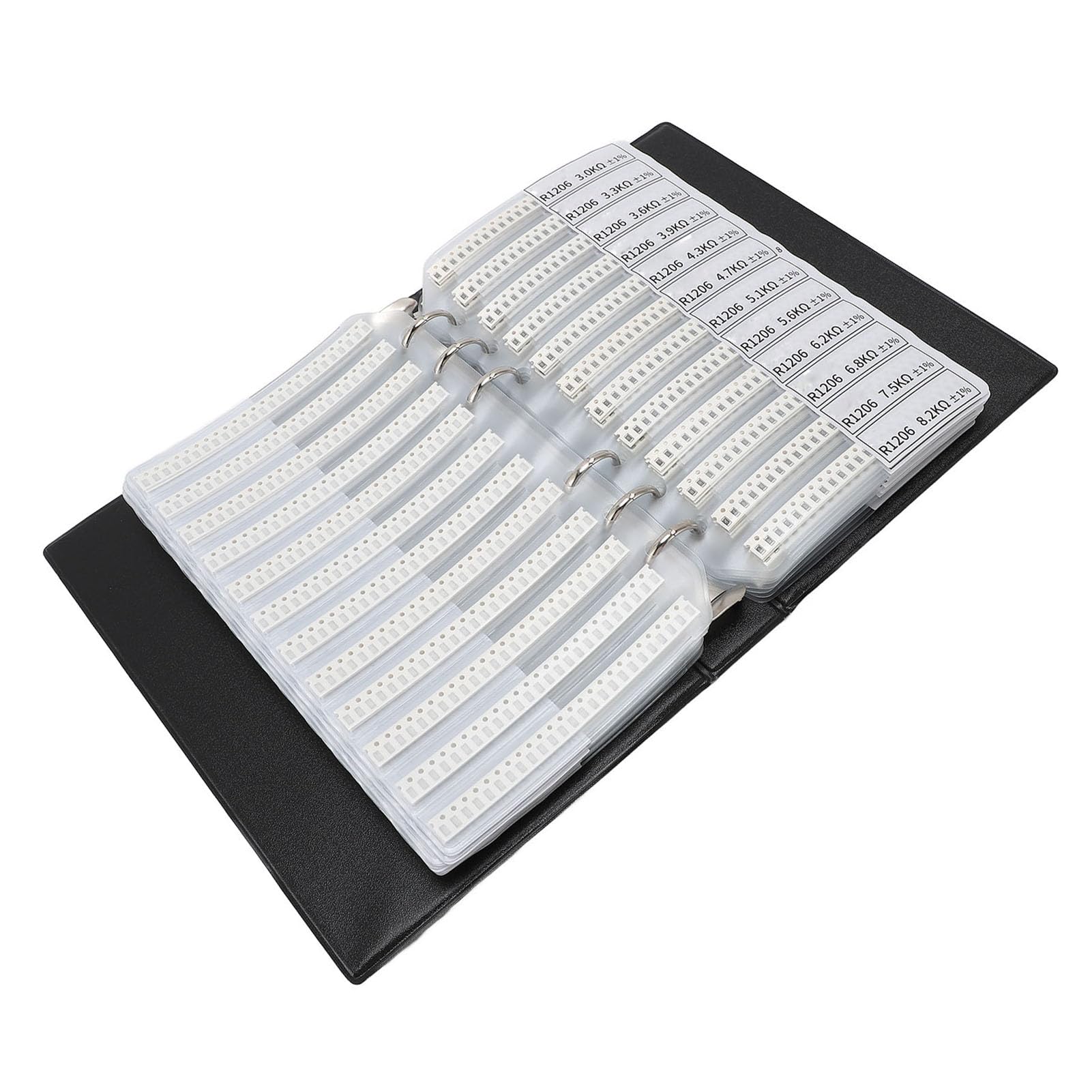 Libro de muestras de resistencias SMD 1206, kit variado de resistencias de chip con precisión del 1% y 170 valores, 50 unidades de cada uno, carpeta compacta de PVC para