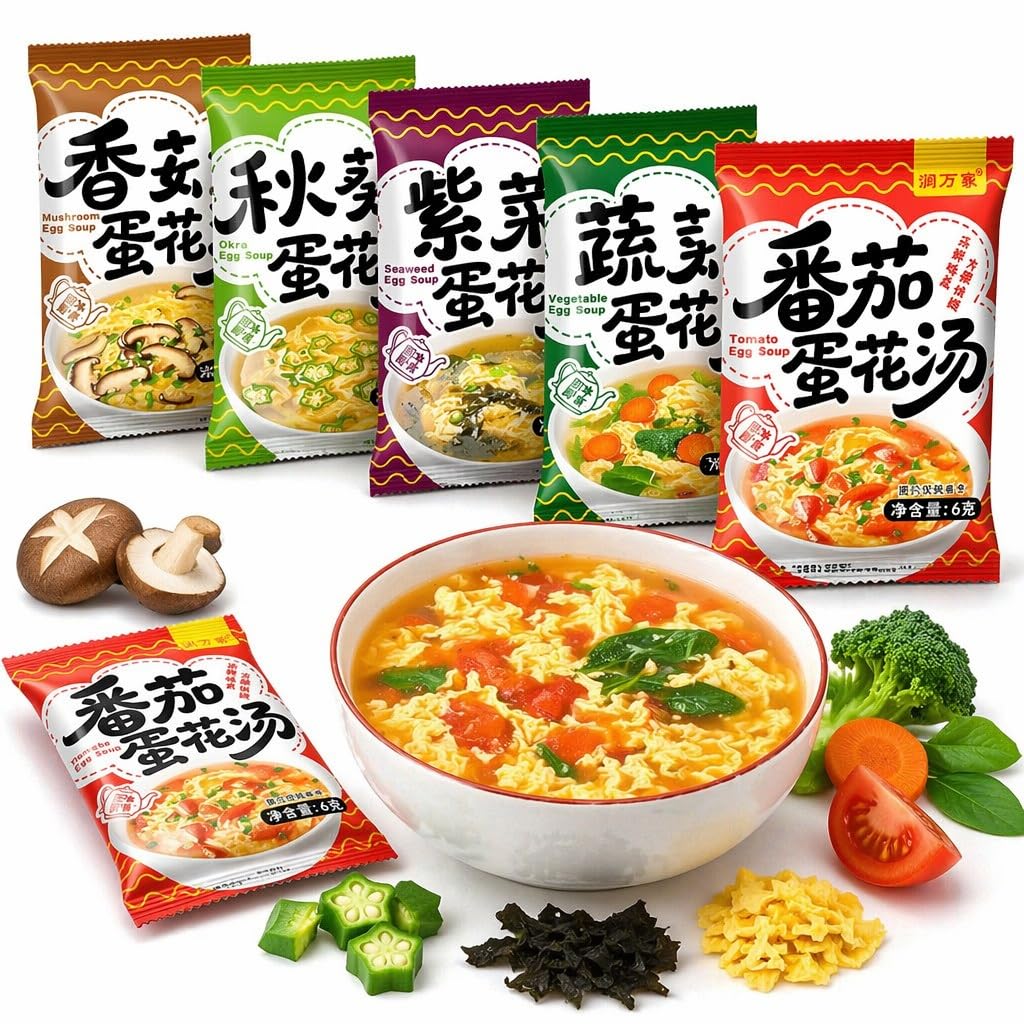 Paquet De 25 Mélanges Soupe Instantanés : Aux Œufs 5 Saveurs, Petit-déjeuner Rapide, Camping, Portions Faciles