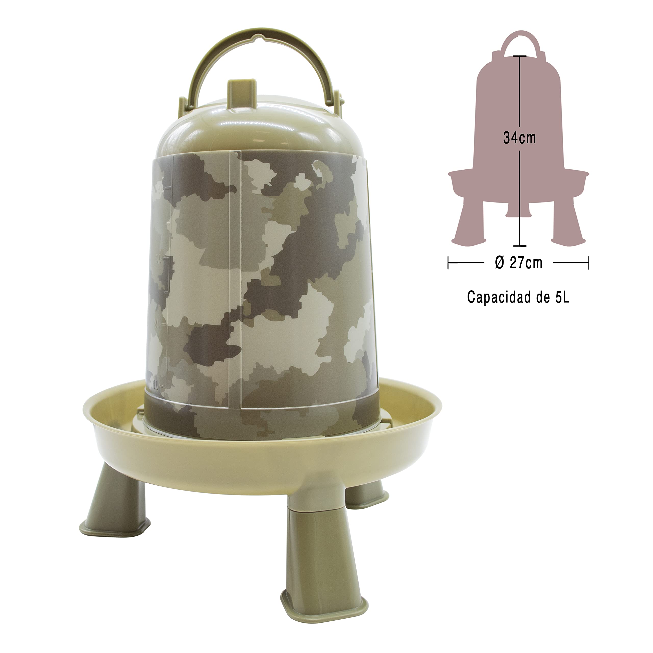 FINCA CASAREJO Mangiatoia + Abbeveratoio con Piedi per Galline e Altro Pollame - Mangiatoia e Abbeveratoio Camuffamento - Colorato Mimetico - Capacità 4Kg/5L – Acqua e Cibo Sempre Puliti