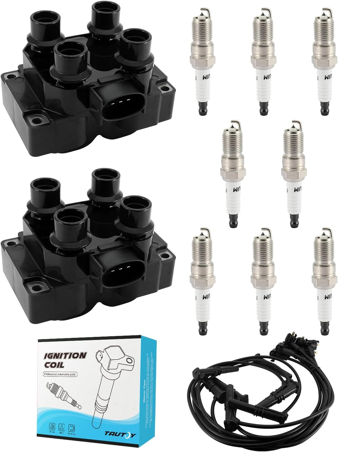 FD487 2pcs Ignition Coil Pack & 8pcs Spark Plugs (4.6L 5.0L) For Ford Crown Victoria E-150 Expedition F-150 F-250 Grand Marquis Mustang Explorer,For Lincoln Mercury Cougar Grand 1991-2001