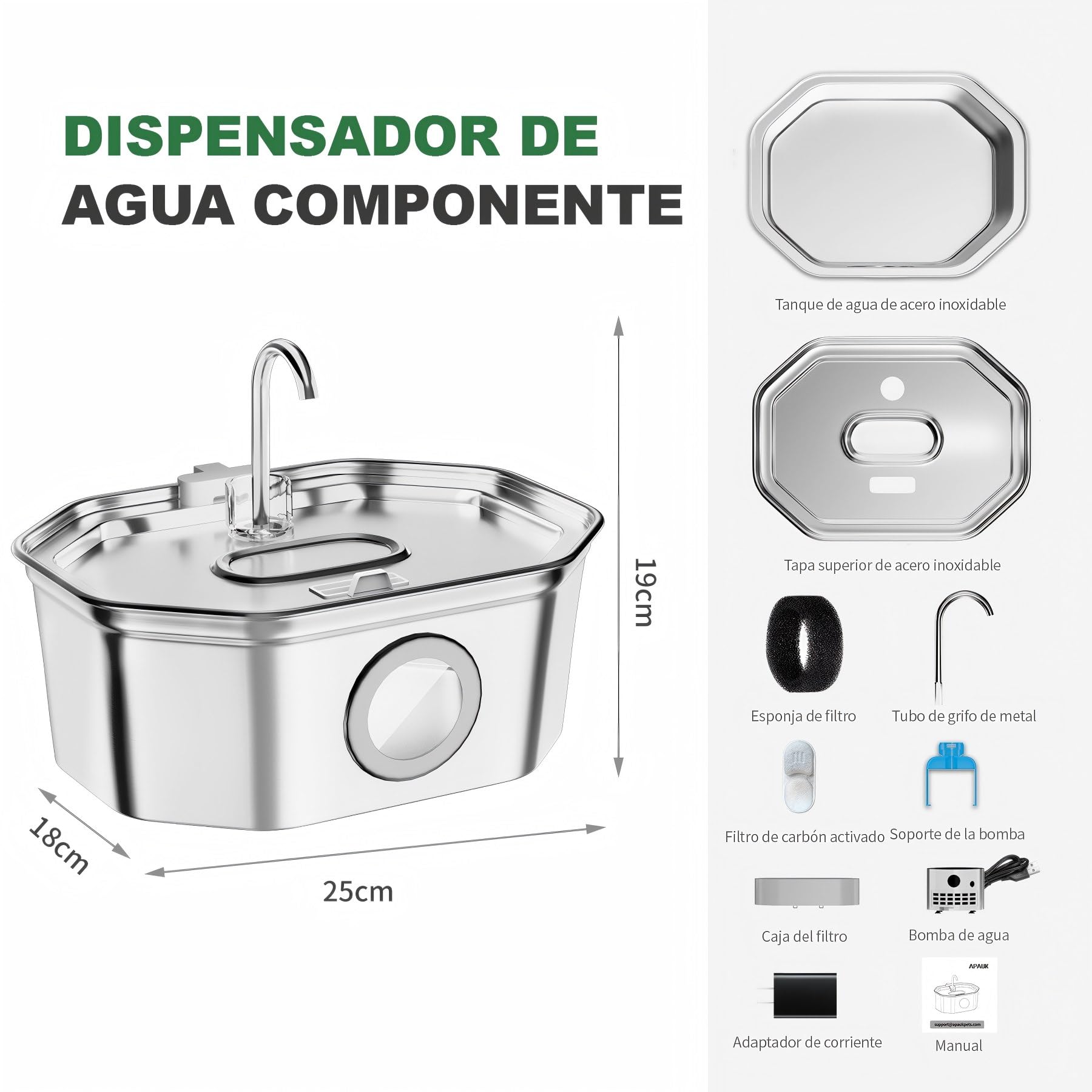 Apauk 3.2L Fuente para Gatos Acero Inoxidable, Bebedero Gatos, Silencioso Fuente de Agua para Gatos y Perros pequeños, con Ventana LED, Sistema de Filtro Multicapa(2 Filtros & 2 Esponjas)