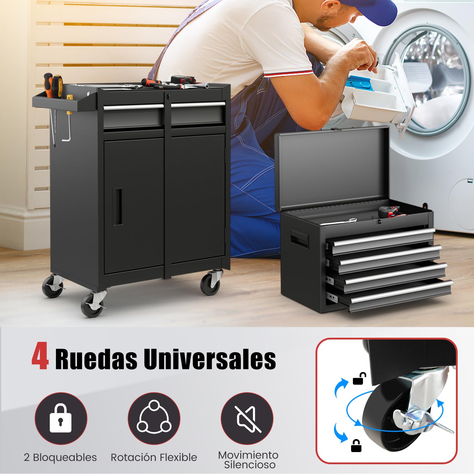 GYMAX Carro de Herramientas con Ruedas, 2 Ruedas con Bloqueo, Armario de Herramientas con 5 Cajones, Gancho, Estante Ajustable y Forro Antideslizante (Negro, 59 x 28 x 102 cm)