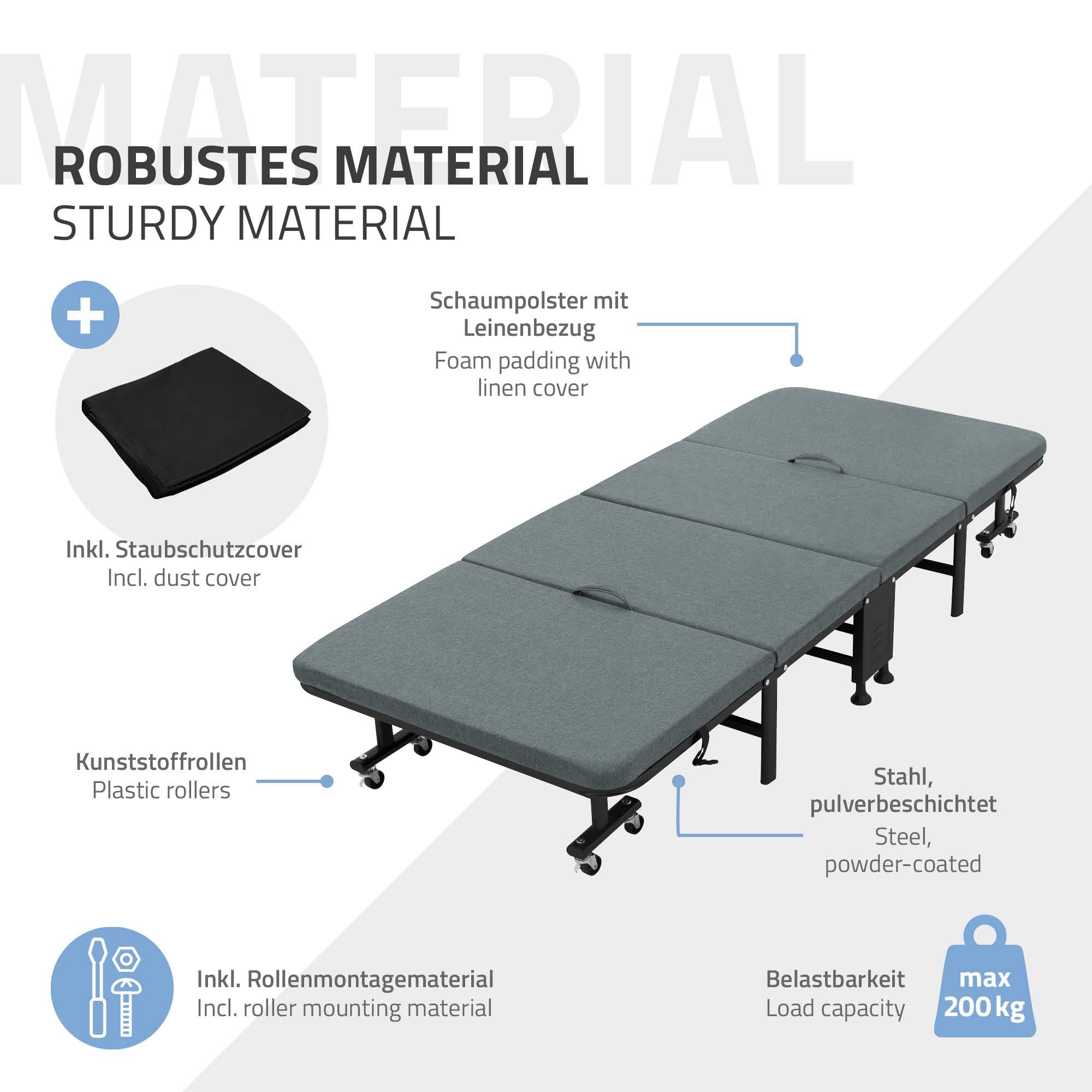 ECD Germany lózko turystyczne 80x190 cm skladane pojedyncze z materacem i poduszka mobilne na 8 kólkach stalowa konstrukcja o duzej stabilnosci do 200 kg metalowa rama doskonale dla dzieci i doroslych