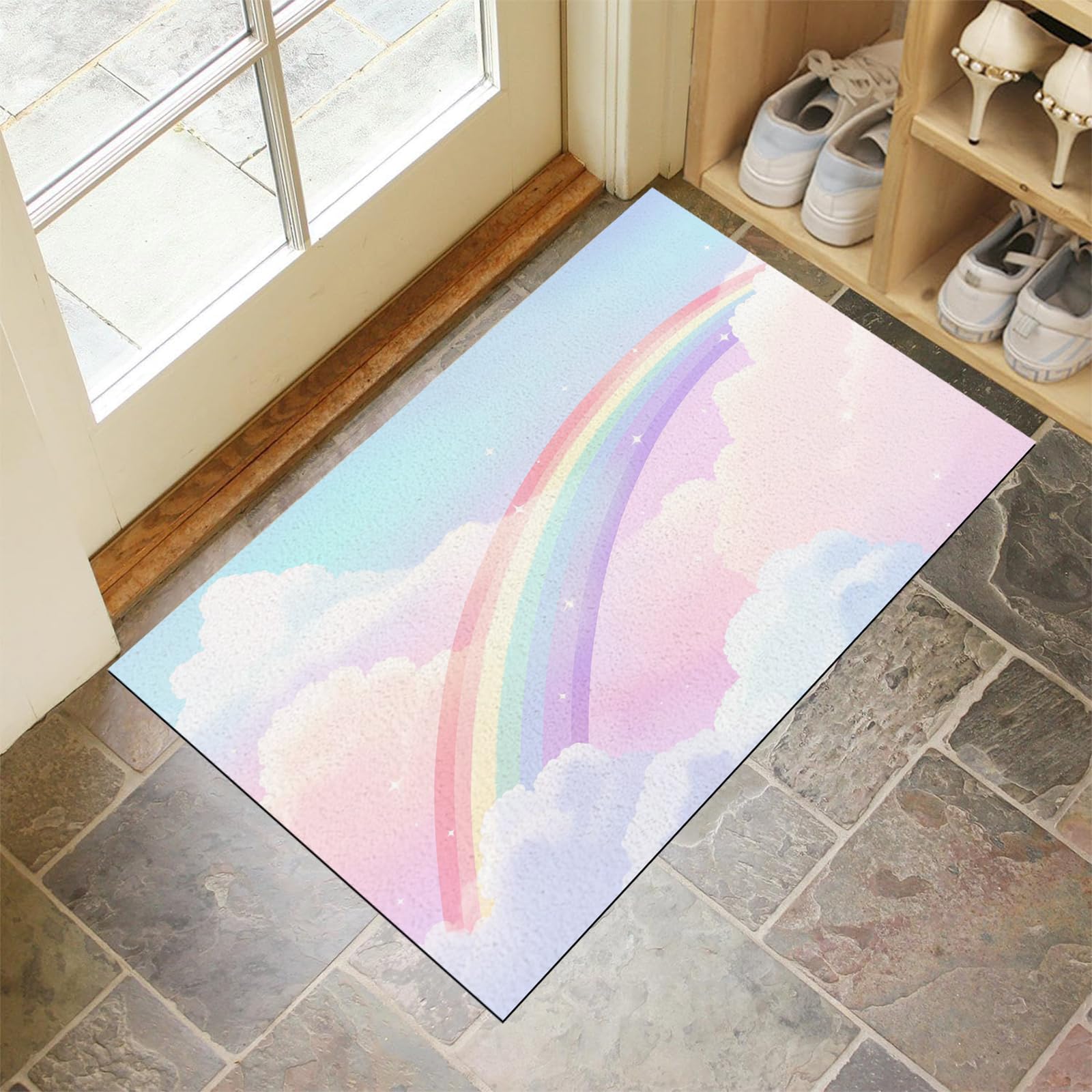 Kinderzimmerteppich Antirutsch - Waschbar bis 30 Grad - Regenbogen - Kurzflor Kinderteppich Teppich für Kinderzimmer - Regenbogen Wolken - Teppiche Junge Mädchen 80 x 150 cm