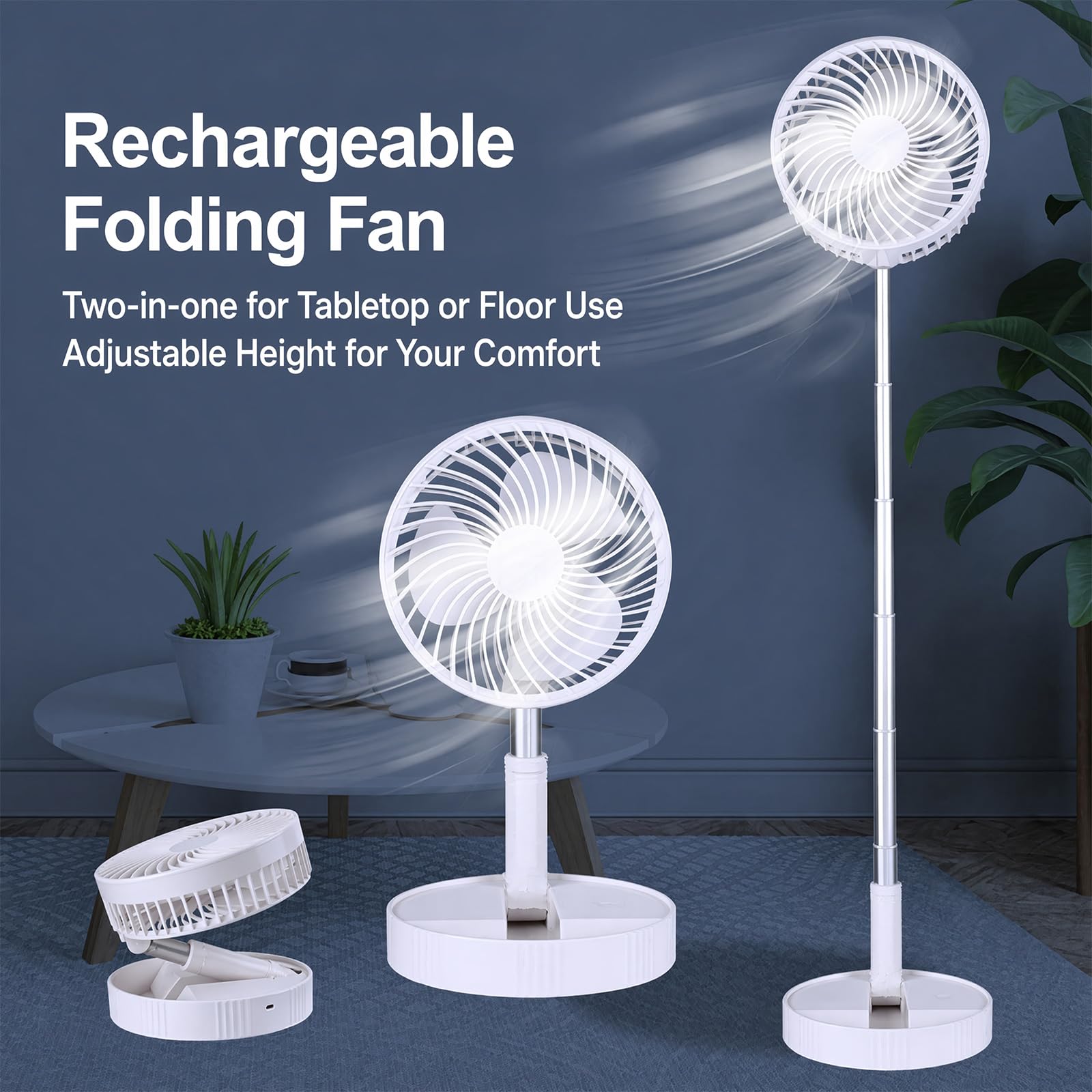 Ventilatore portatile 3 in 1, ricaricabile 7200 mAh, da terra/piedistallo/pieghevole, silenzioso, regolabile, batteria lunga durata, da viaggio e ufficio (Bianco)