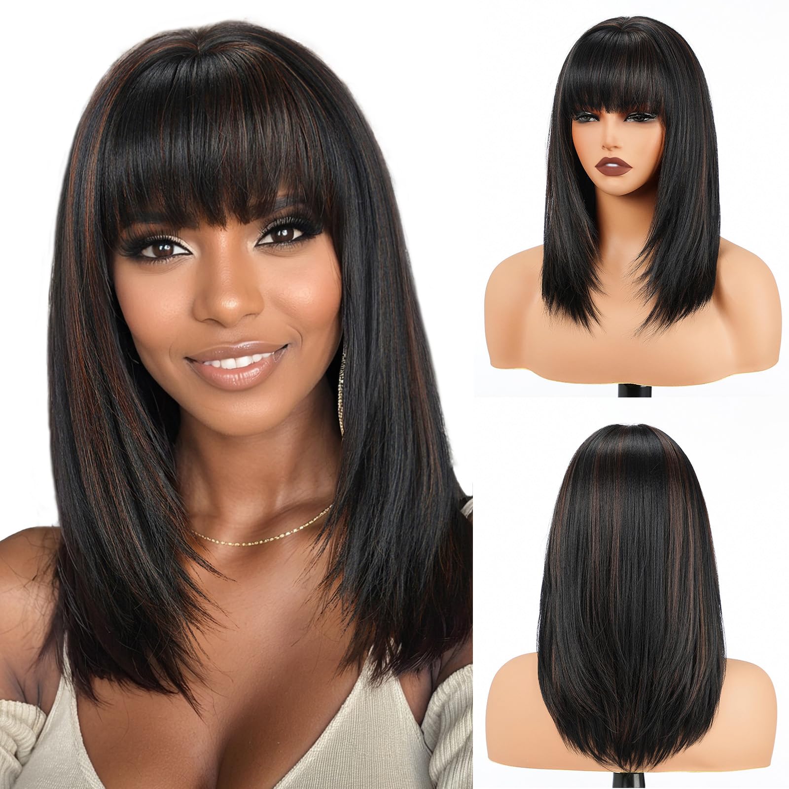 Synthetic Layered Wig With Bangs Shoulder Length Straight Natural Looking Party Amazon.com : testar Brown Wig With Bangs,Shoulder Length  main image 2