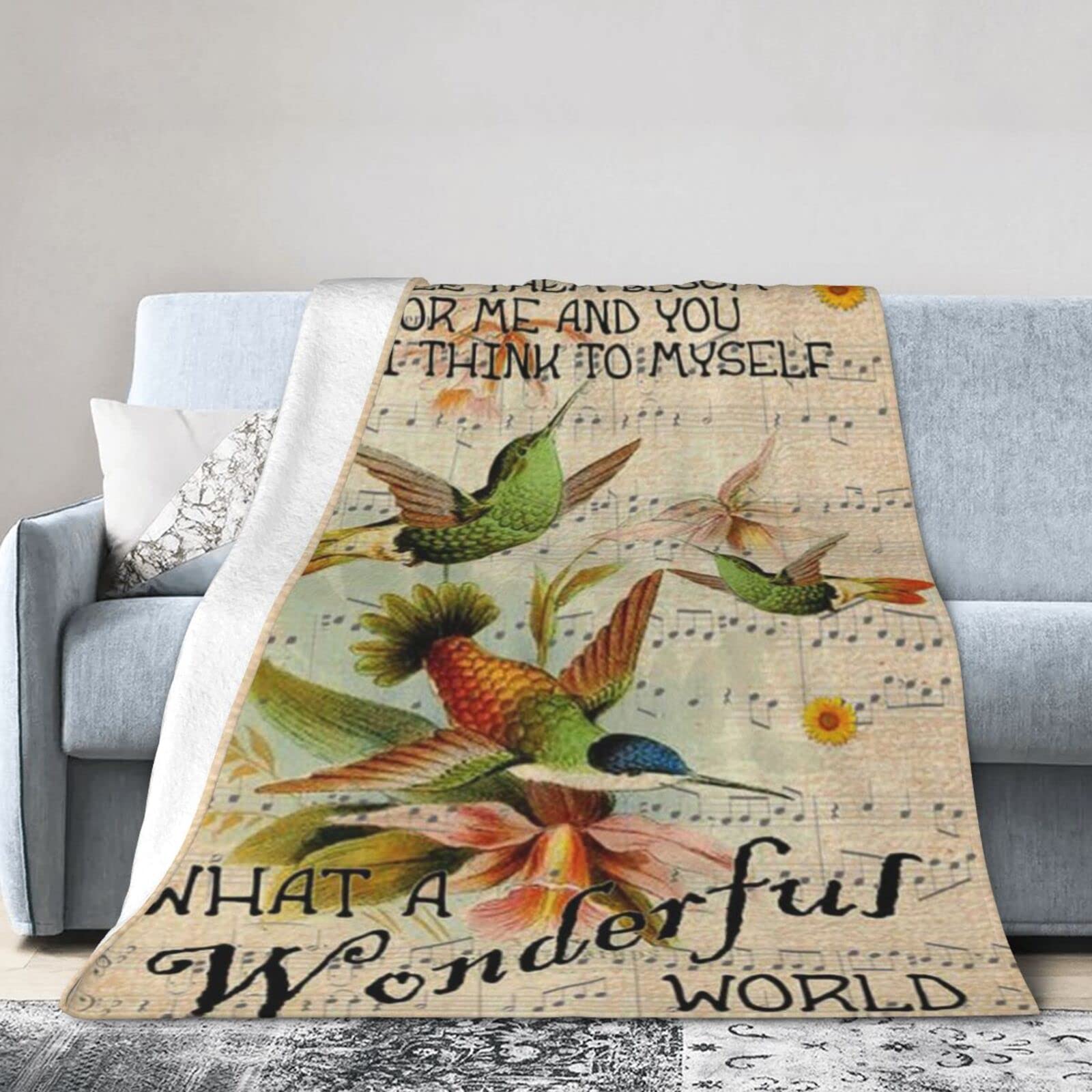 Lsjuee Flannel Fleece Blanket 50"X40" What A Wonderful World Hummingbird Bed Throw Blanket Lightweight Ultra-Soft Travel Winter Blankets for Couple Keep Warm