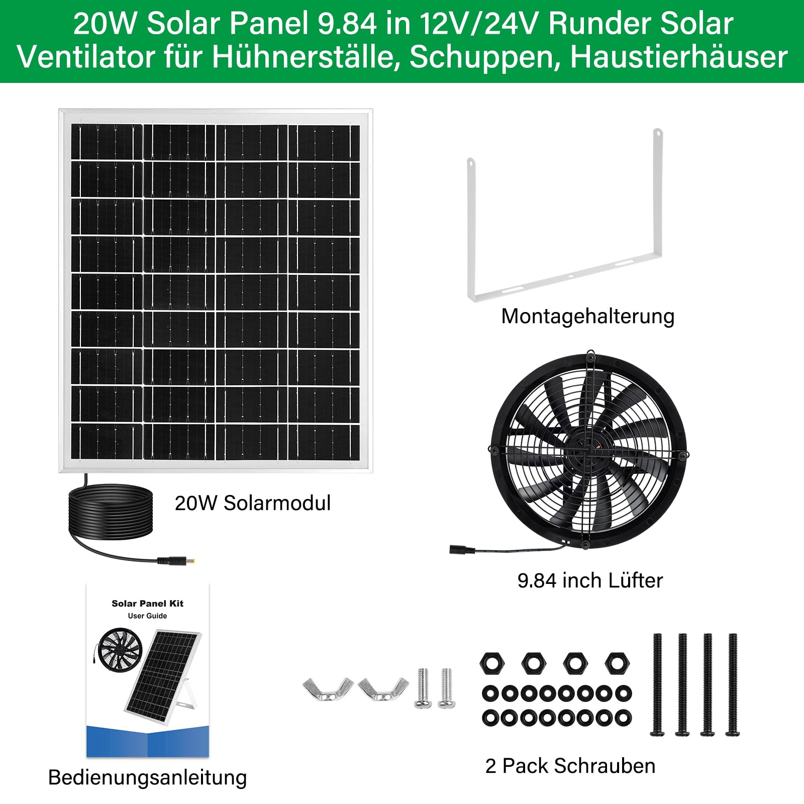 【20W 9.84FT Solarpanel Ventilator Kit】KWODE 20Watt Solar Panel Ventilator Gewächshaus: Solarpanel 20W mit DC Solar Lüfter+360° Verstellbare Halterung, für kleine Hühnerställe, Schuppen, Haustierhäuser