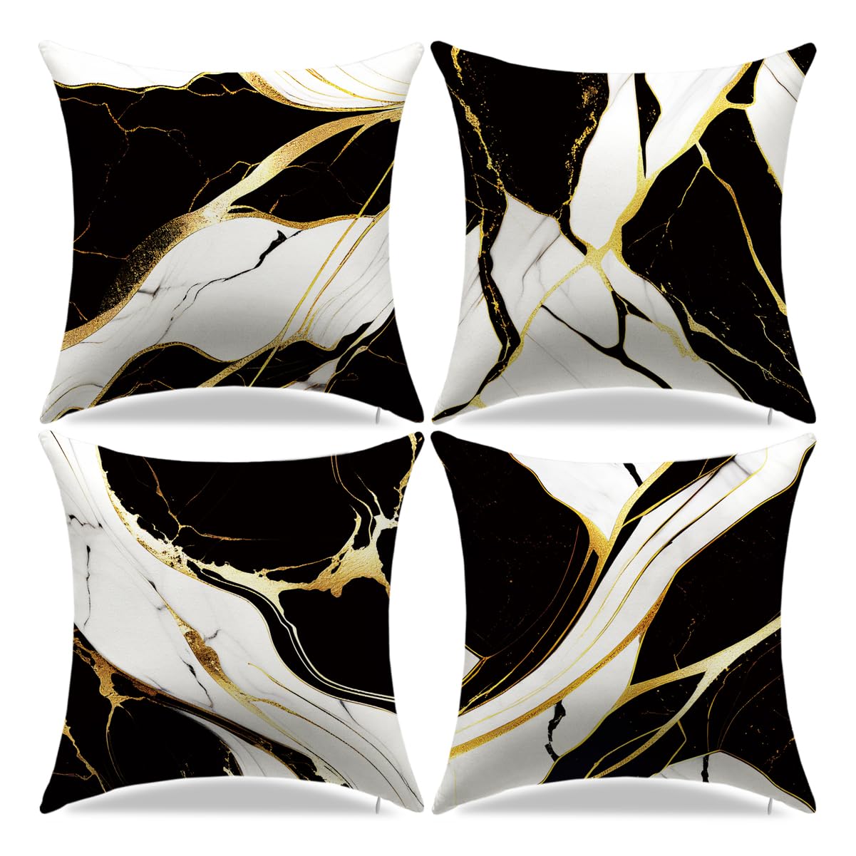 YAJTJX Throw Pillow Covers Set of 4, 18x18 Inch, Abstract Black White with Gold Accent Decorative Pillow Cases for Couch Sofa Living Room Bedroom Home