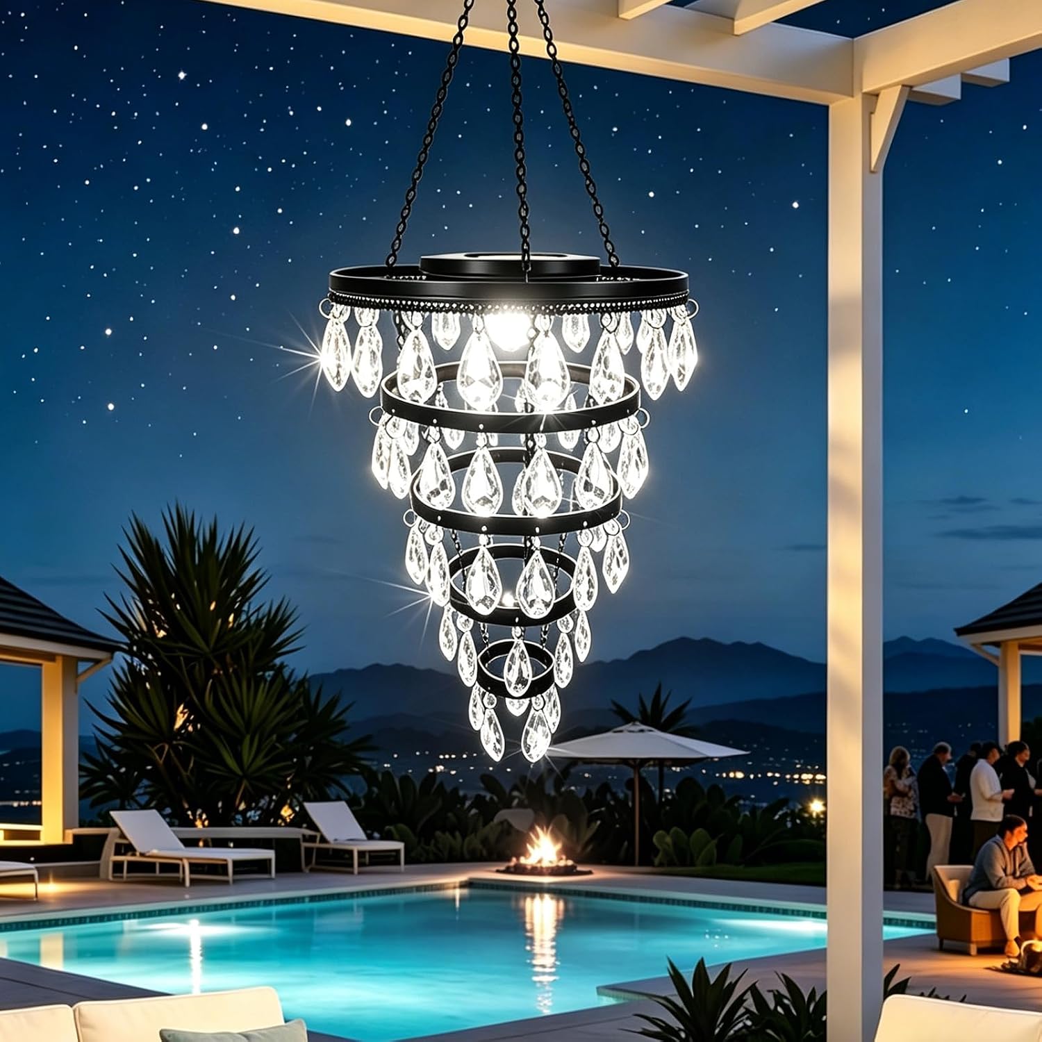 Hanging Solar Chandelier Light Outdoor, Handcrafted Solar Powered Led Tiered Crystal Pendant Lantern, Dacorative Hanging Waterproof Lamp for Patio, Porch, Gazebo Garden & Holiday ambiance 27" High