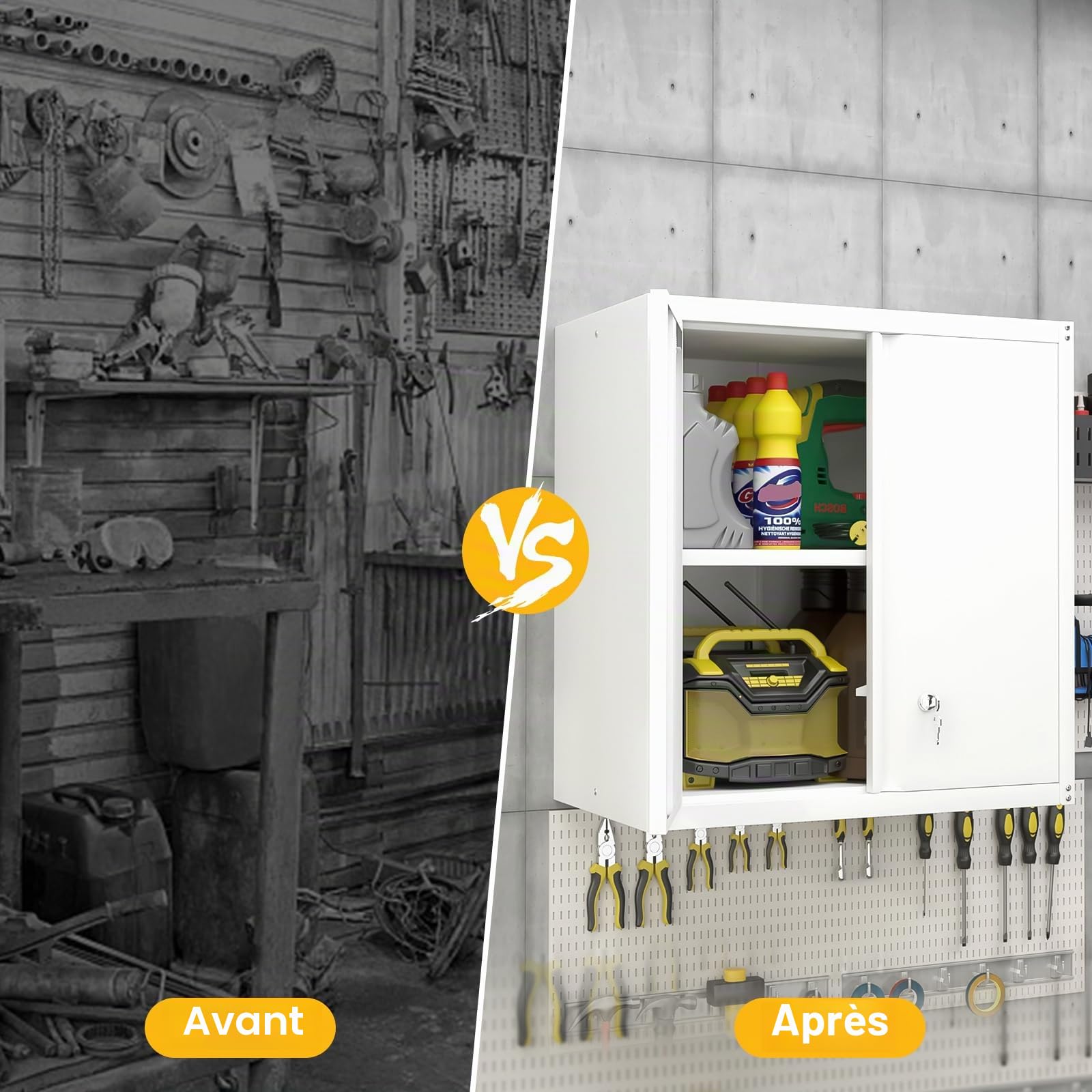 GREATMEET Armoire Murale en métal avec Serrure, Armoire de Rangement Murale en métal avec 1 étagère réglable et 2 Portes, Armoire de Rangement supérieure en Acier pour Le Bureau et la Maison,