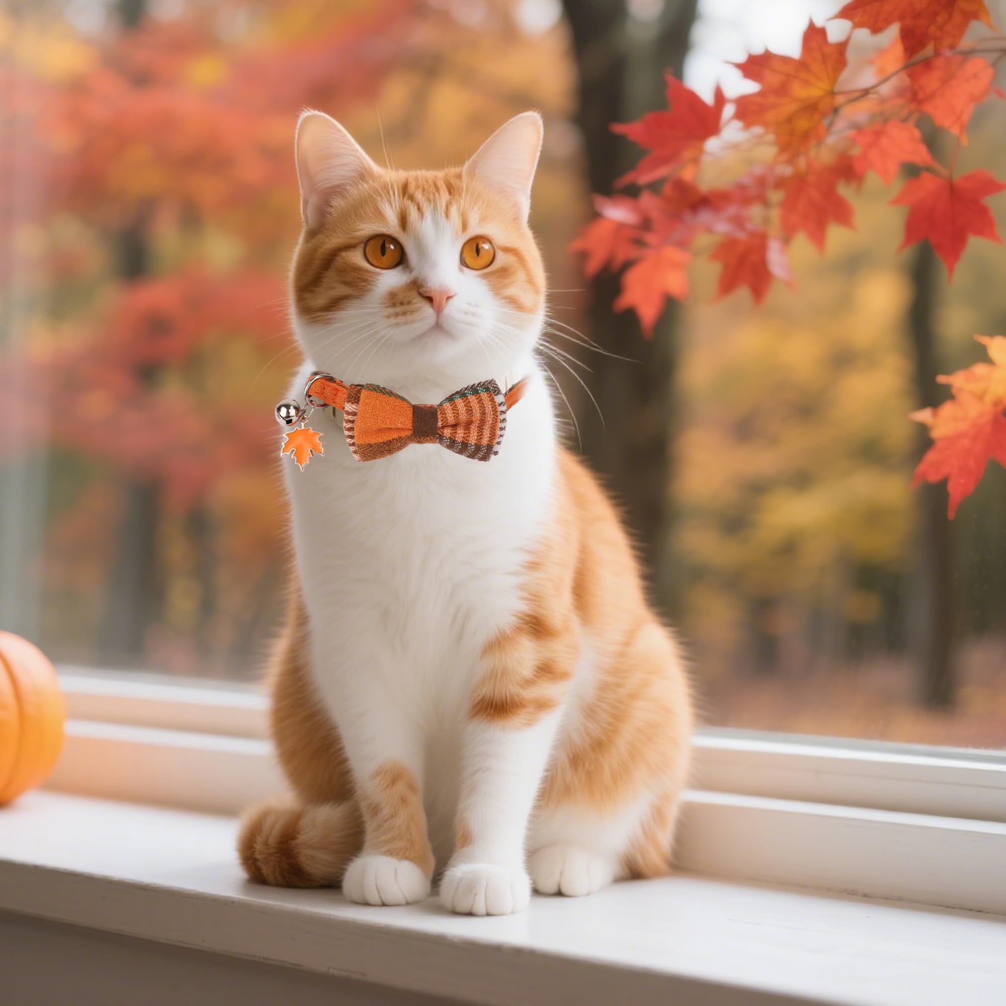 ADOGGYGO Herbst-Katzenhalsbänder mit abnehmbarer Schleife, 2 Stück, Orange kariert, Thanksgiving, Halloween, Herbsthalsbänder für Katzen und Kätzchen