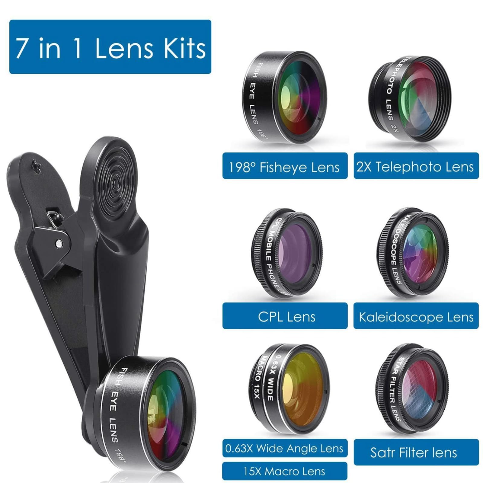 Lente per smartphone, 7 in 1 Universale Obiettivo per cellulare, Lente grandangolare, Obiettivo Macro, fisheye lens, caleidoscopio, zoom/CPL/Star lens, per alle smartphone (M)