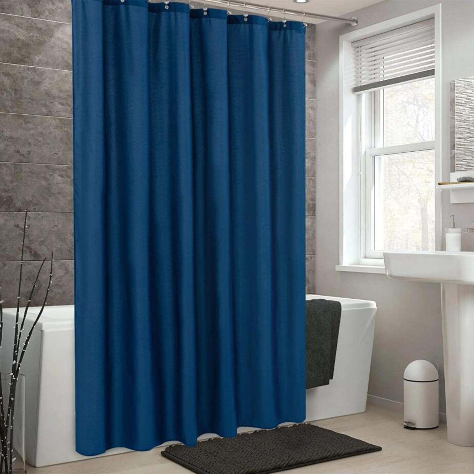 Cortina de ducha azul oscuro extralarga de poliéster con ganchos 180 x 195 cm