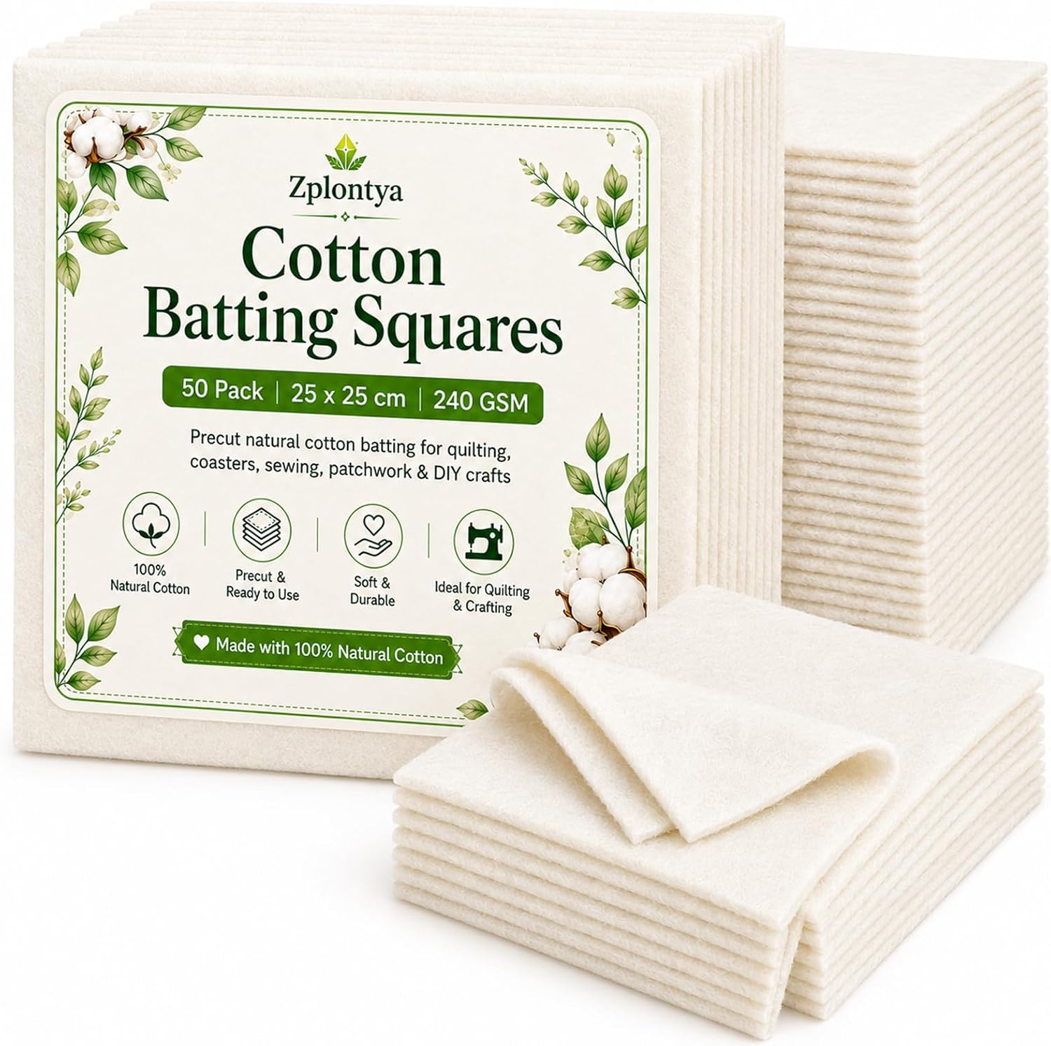 Zplontya 50PCS Cotton Batting Squares for Quilting 240GSM Quilting Fabric