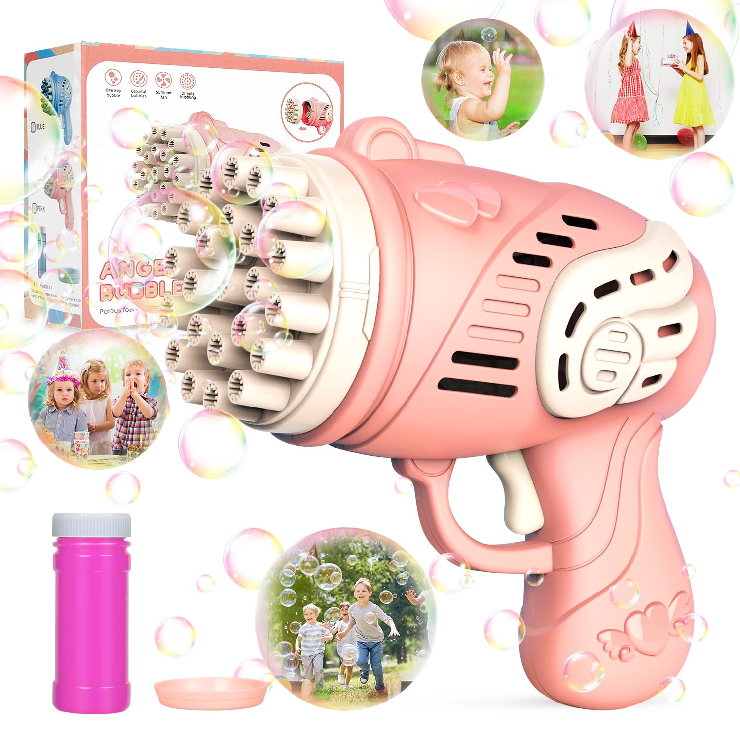 Pistolet do baniek mydlanych dla dzieci, 23 otwory, automatyczna maszyna do baniek mydlanych, pistolet do baniek mydlanych 2 w 1, prezent dla dzieci, na urodziny, wesele, imprezę
