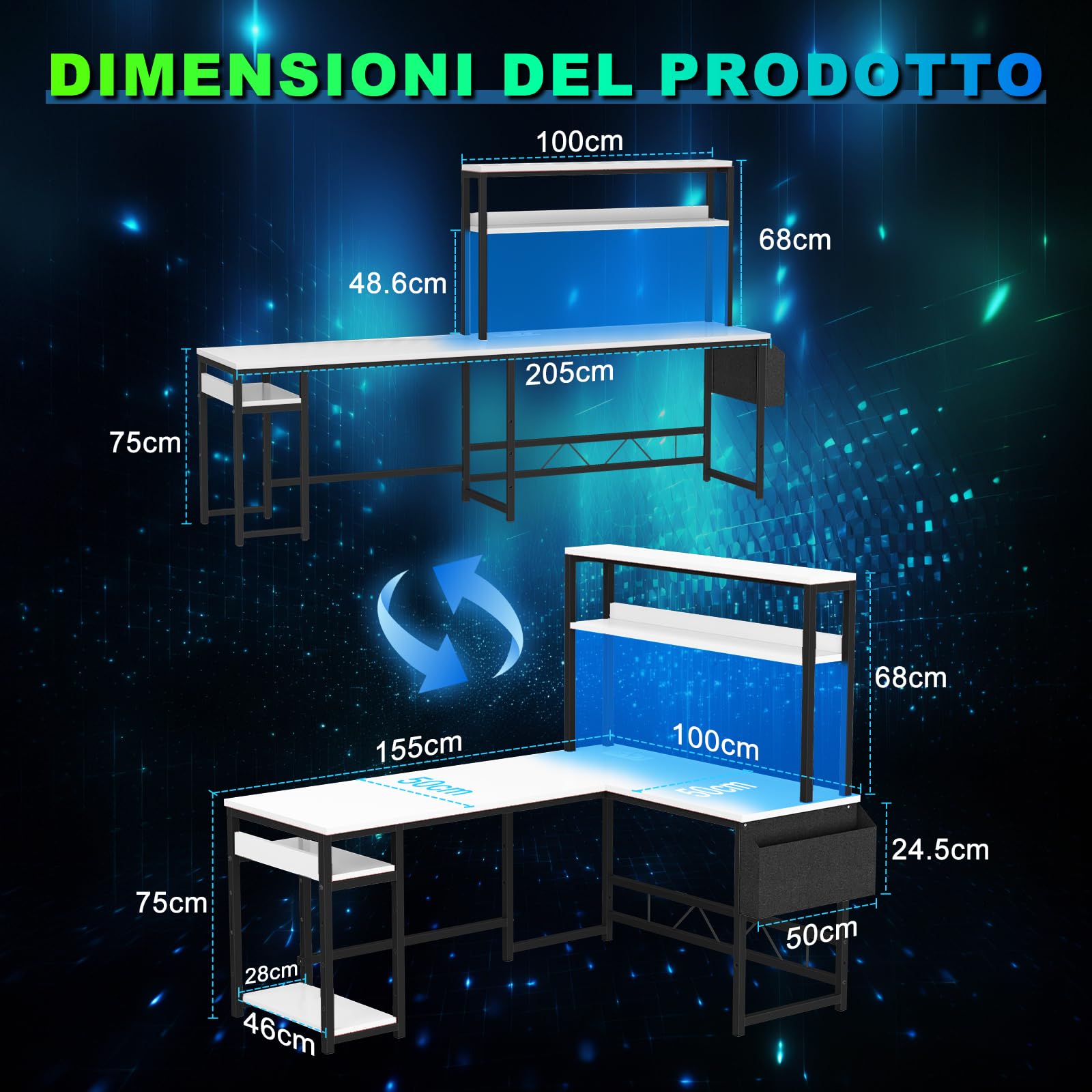 Devoko Scrivania Gaming con LED, 155 x 100 cm Scrivania con Ripiano Reversibile, Scrivania ad L con 2 Prese e 2 Porte USB, Scrivania Gaming con Scomparti e Spazio di Archiviazione, Bianca